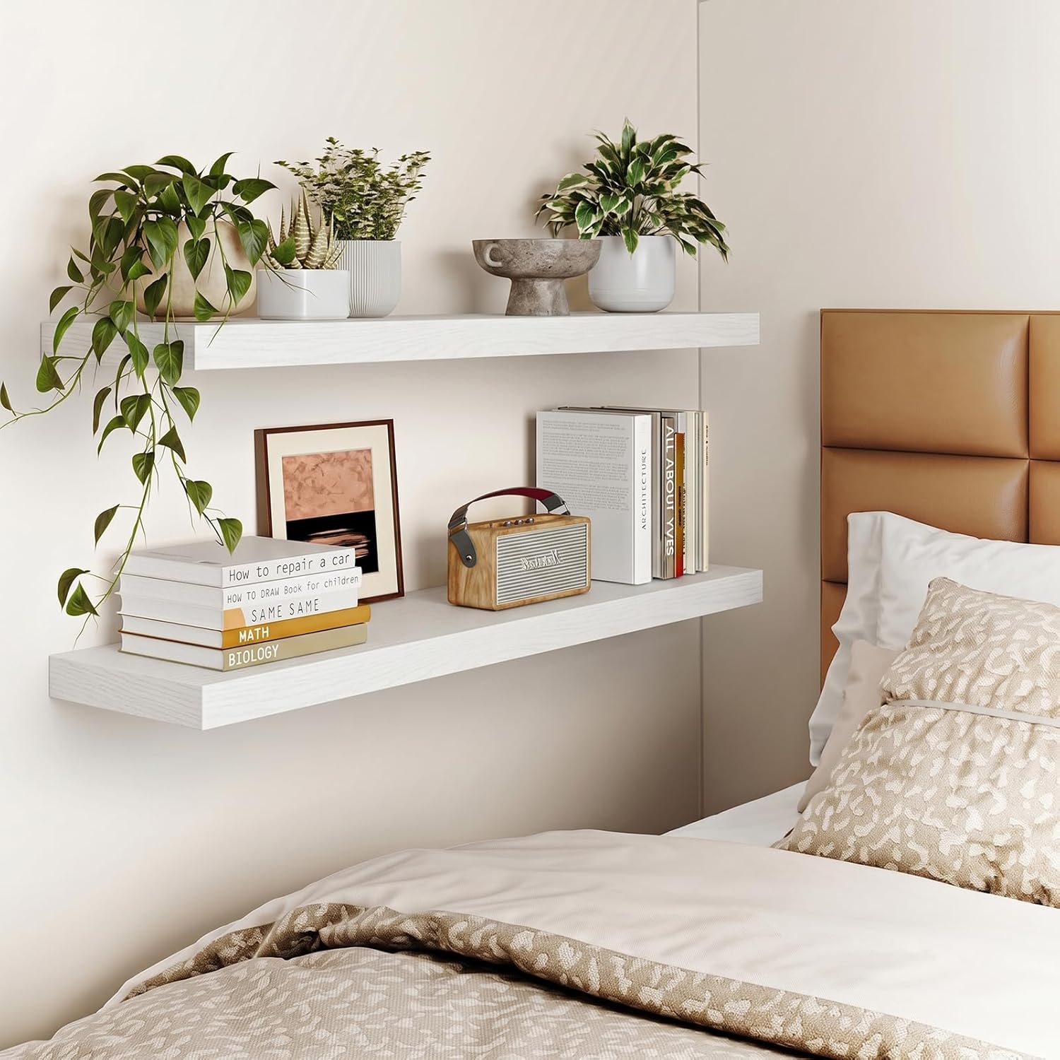 Fixwal Floating Shelves for Wall, 35" Long Heavy Duty Wall Mounted Rustic Wood Shelves for Living Room, Bedroom, Bathroom and Kitchen, for Storage, Books, Room Decor (White, Set of 2)