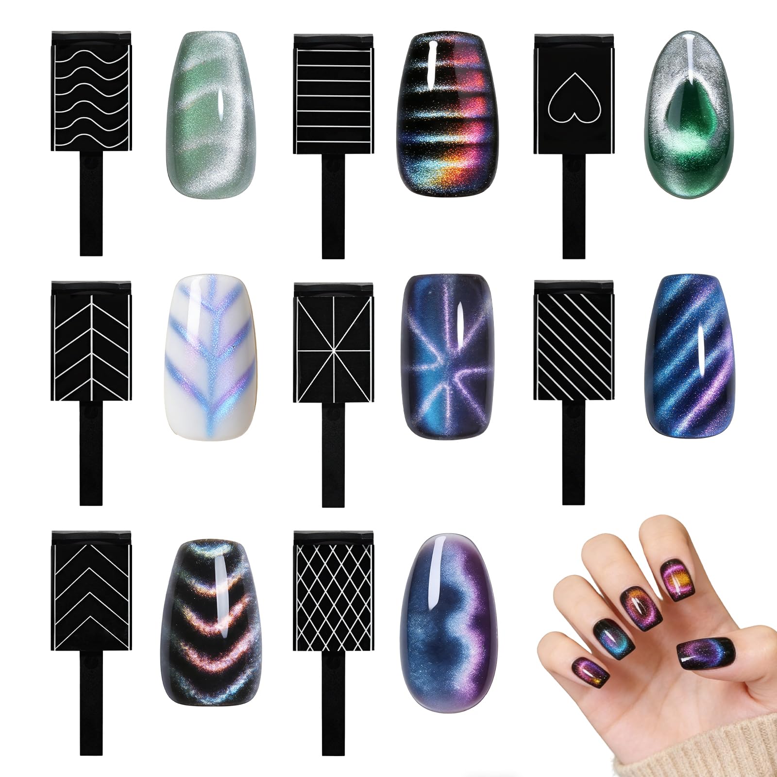 17 pièces Aimant Cat Eyes Ongles Kit, Ensemble D'aimants Œil-De-Chat ,Magnétiques DIY Portable avec Effets Variés, Compatible Vernis Gel pour Créations Salon à Domicile