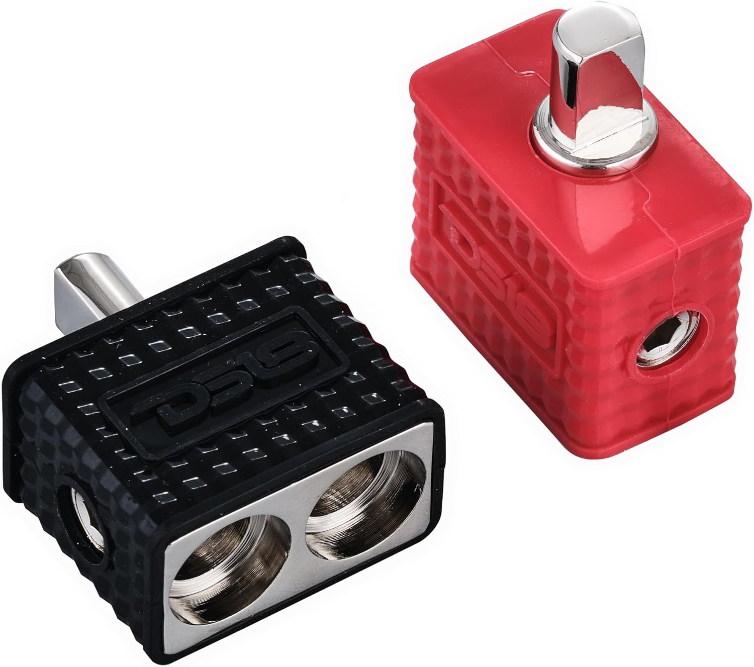 DS18 Amp Input Reducers with Offset Stub & Red/Black Silicone Cover, Marine Grade, Wire Reducer Power/Ground Input Reducer, Amplifier Wire Connector, Pair (Dual 1/0-GA to 1/0)