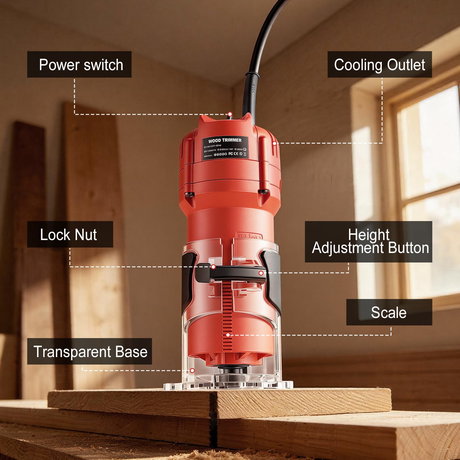 Fresadora de Madera Rebajadora Eléctrica 800W 30000RPM, Fresadora de Mano con Juego de 15 Fresas de 1/4" (6,35mm) y Base Transparente, Herramienta de Carpintería para Bricolaje, Talla y Recorte