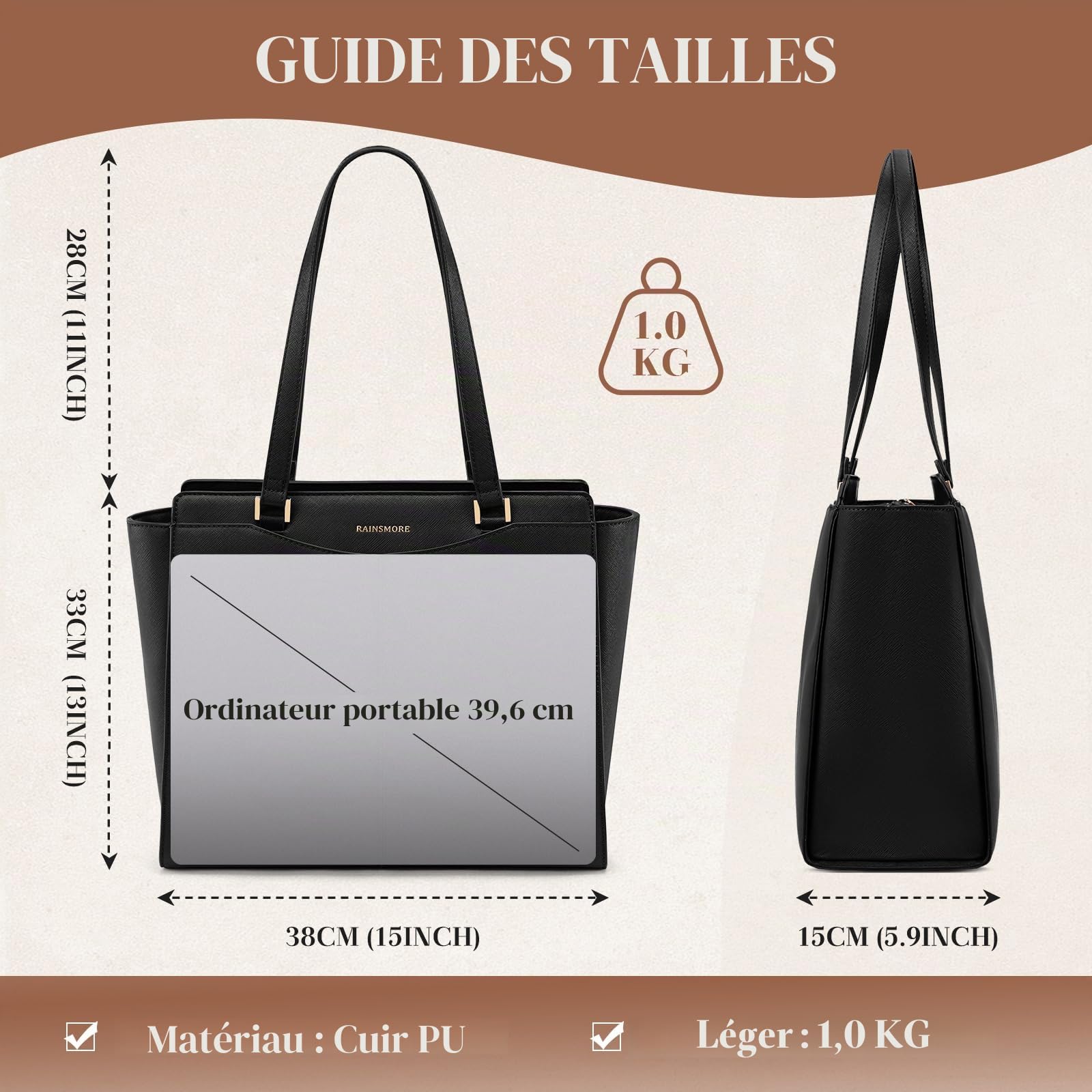 RAINSMORE Sac à Main Femme Grand Sac Cabas Imperméable Sacs Ordinateur Portable 14 Pouces Sacs Fourre-Tout Cuir PU Avec Fermeture Éclair Poche Intérieure Cours Voyage Affaires École