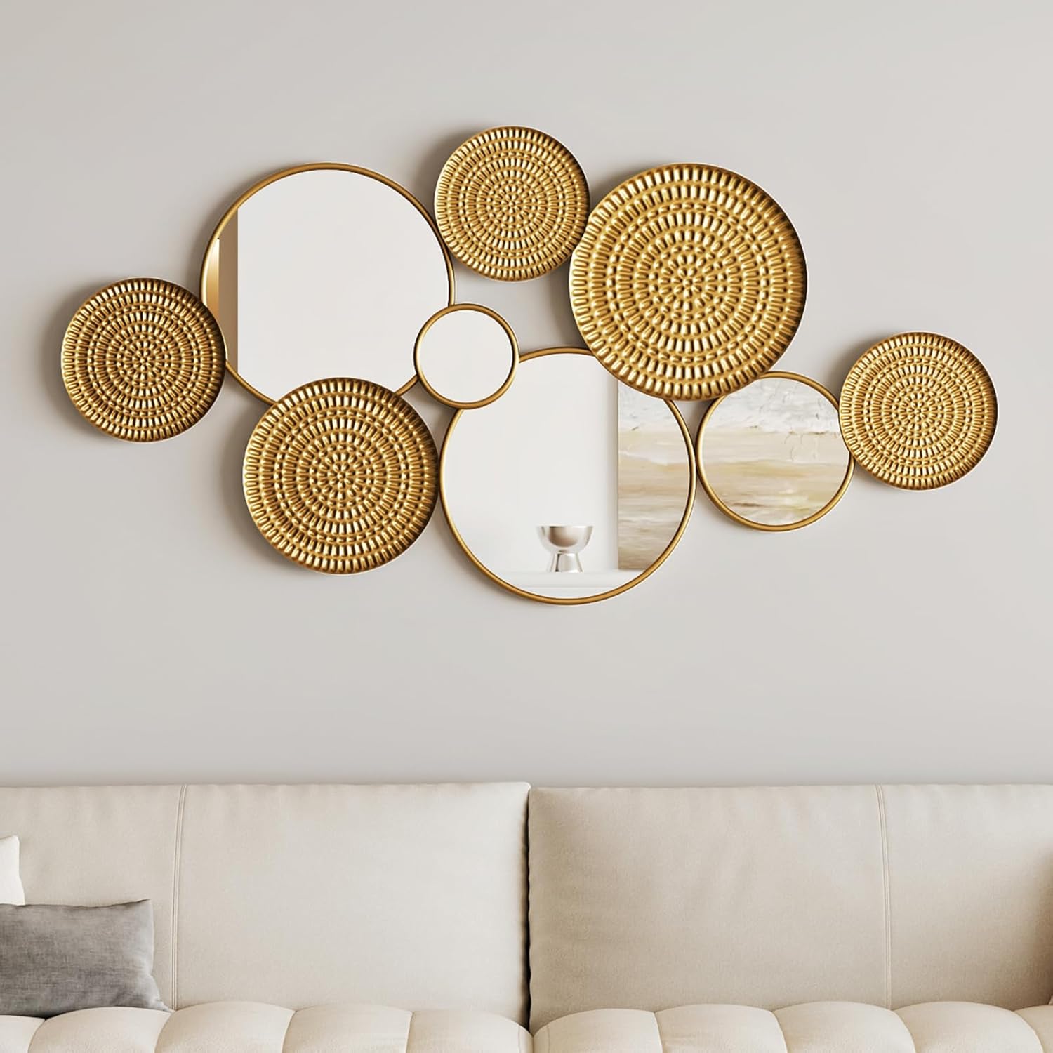 PERHOM 45"x23" Multiple Circle Mirrors for Wall Decor, Thick Metal Framed Decorative Mirror, Modern Wall Art Sculptures for Living Room, Entryway, Bedroom, Dinner Room, Fireplace - Image 2