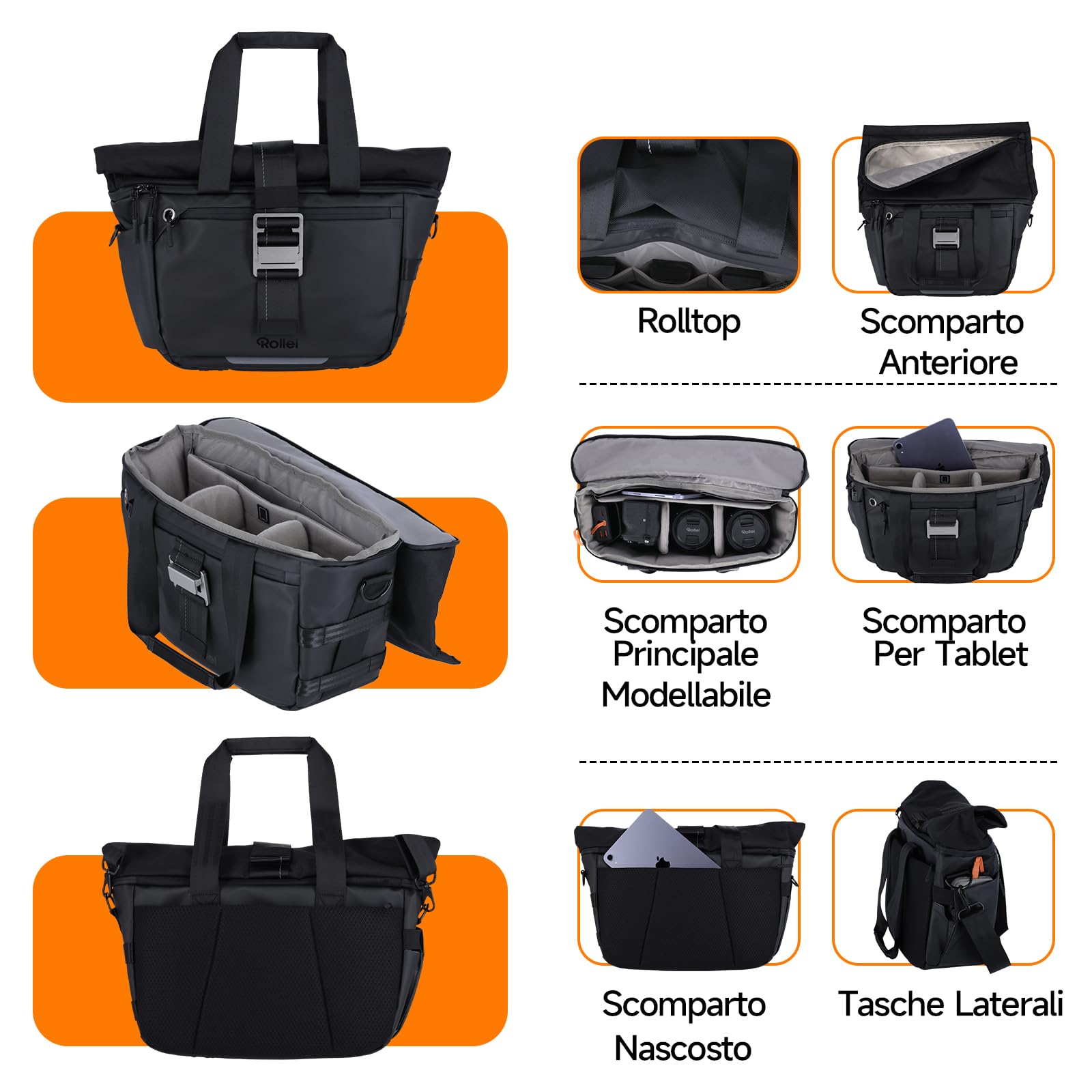 Borsa per Fotocamera, Rollei Fotoliner Ocean Rolltop Bag L Borsa Fotografica Impermeabile Zaino Fotografico Grande con Tracolla Regolabile Crossbody Borse per Macchina Fotografia DSLR e Accessori Nera