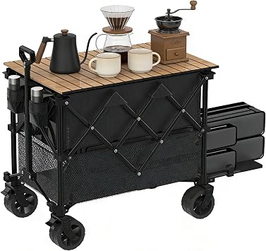 Double Decker Wagon with Table Extra Long Heavy Duty Collapsible Carts | 600lb 400L Capacity, Heavy Duty Foldable with Tailgate, All-Terrain Wheels with Brakes, For Camping, Fishing, Beach, Outdoor