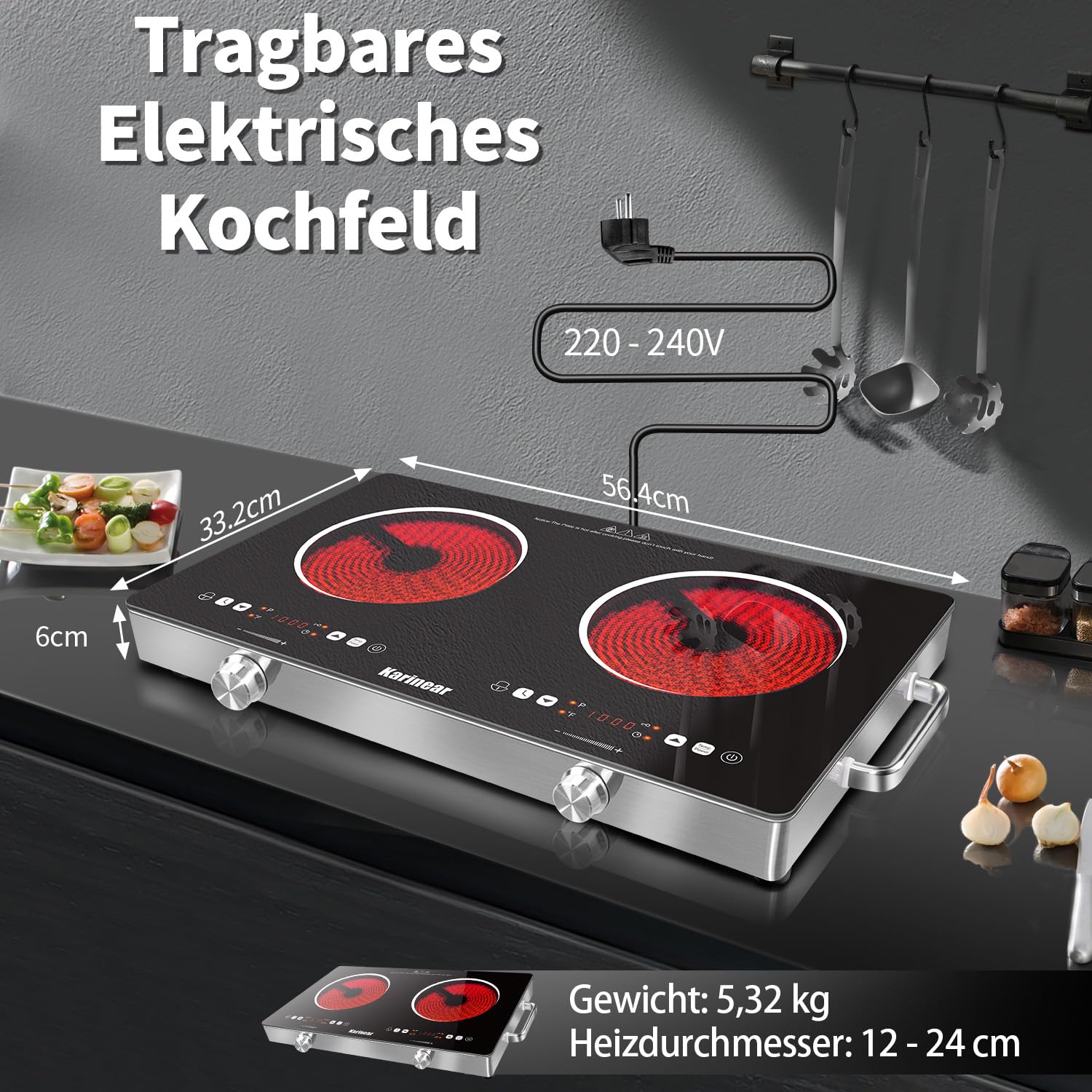 Karinear Elektrische Kochplatten 2er 3200W Glaskeramikkochfeld Freistehend Drehknopf 240V