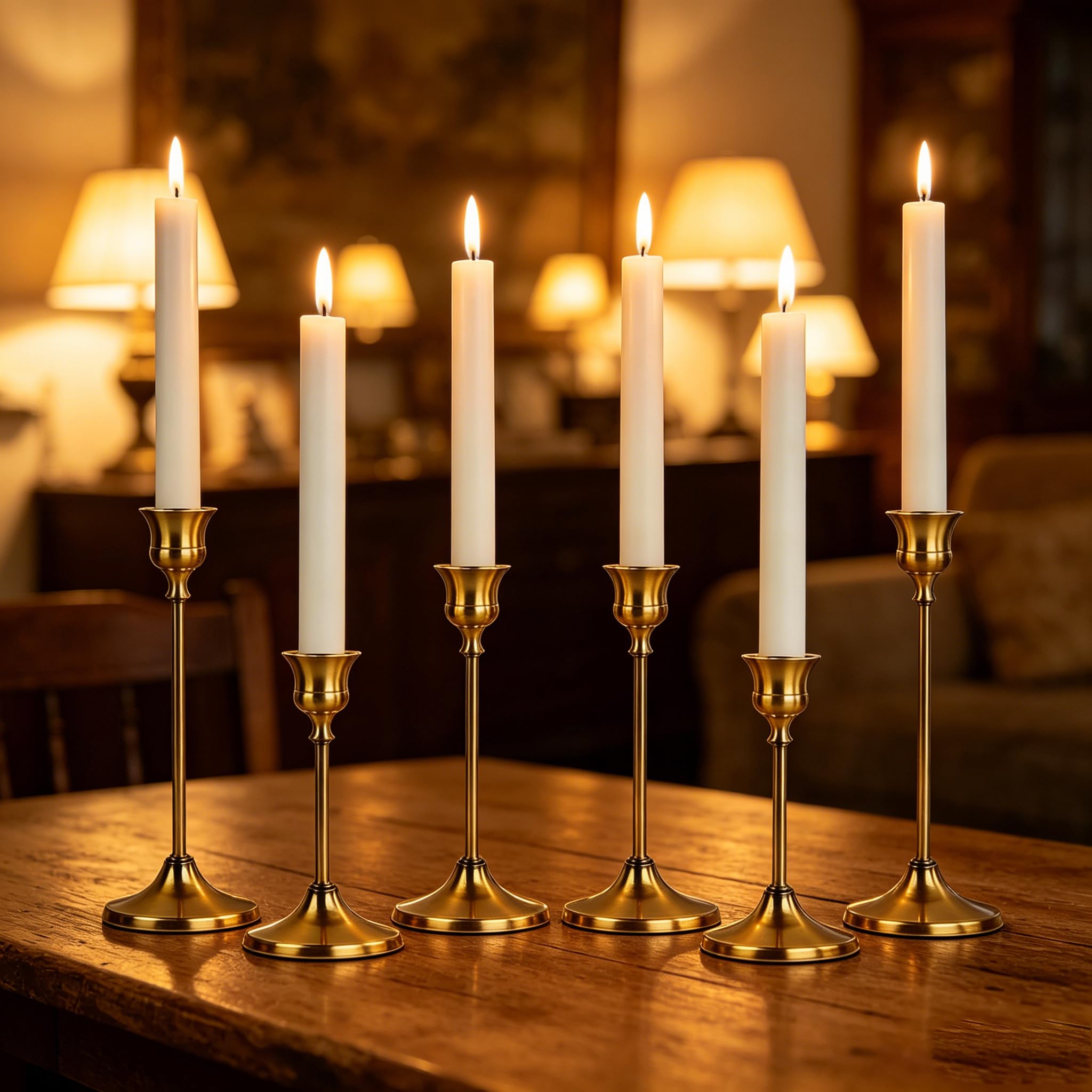 AUMAYCO Set of 6 Brass Gold Candle Holders, Metal Taper Candle Sticks Holder, Vintage Modern Gold Candlesticks Holders for Table Centerpieces Wedding, Dining Table, Home Decor
