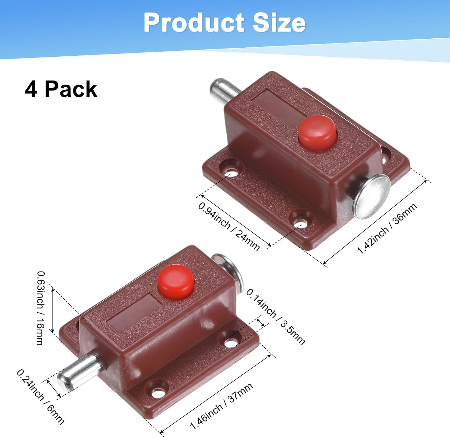 M METERXITY 4-Pack Plastic Push Button Spring Loaded Latch, 1.5x1.4 In/37x36mm Automatic Door Latch Lock Button Bolt Latches for Cabinet Door/Window/Drawer Closet Furniture [Brown]