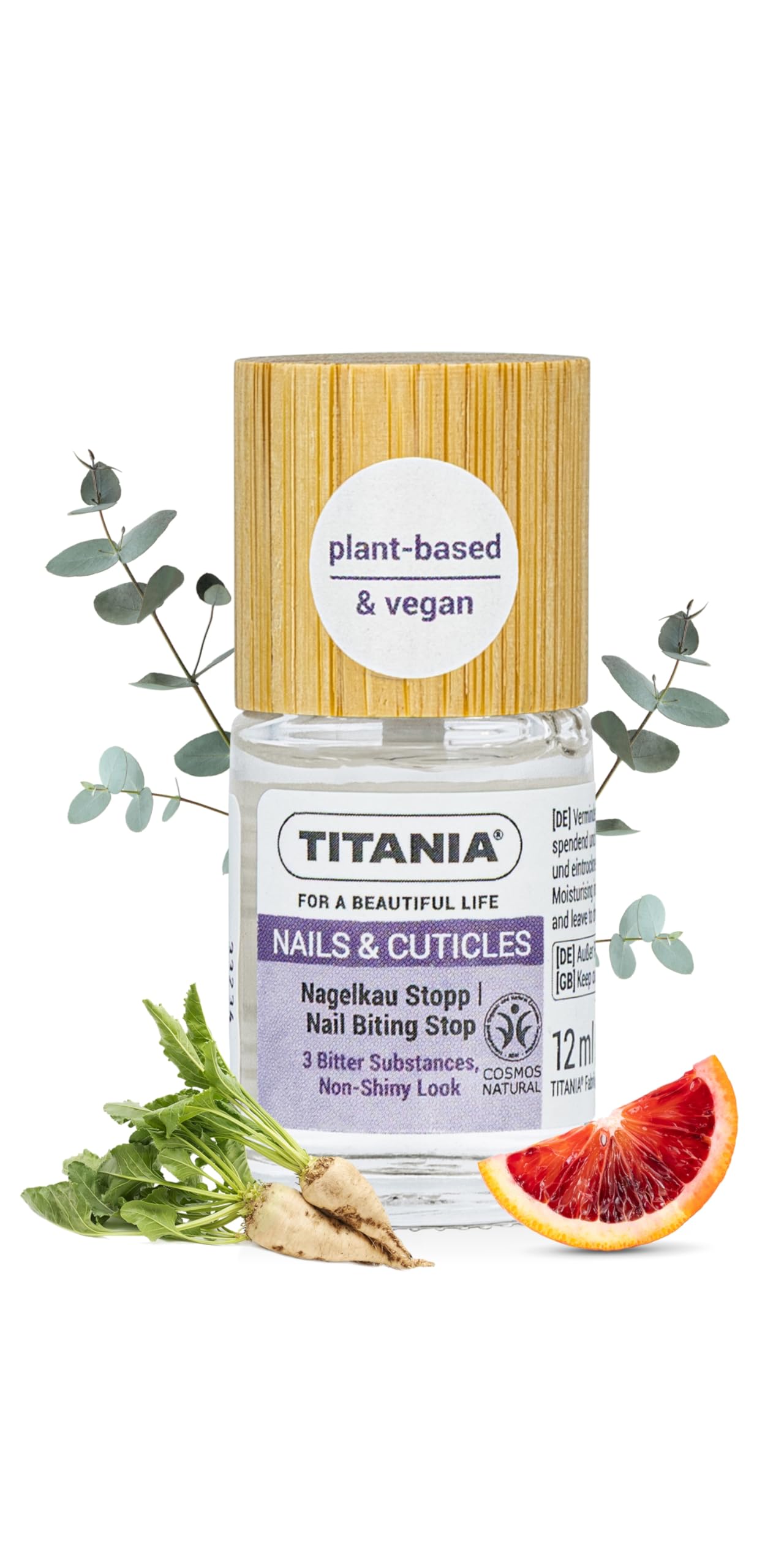 TITANIA Nagelkau Stopp 12 ml – gorzka substancja przeciwko obgryzaniu paznokci, bezbarwna i wegańska, z eukaliptusem i olejkiem z pomarańczy, potwierdzona dermatologicznie, COSMOS NATURAL, Made in