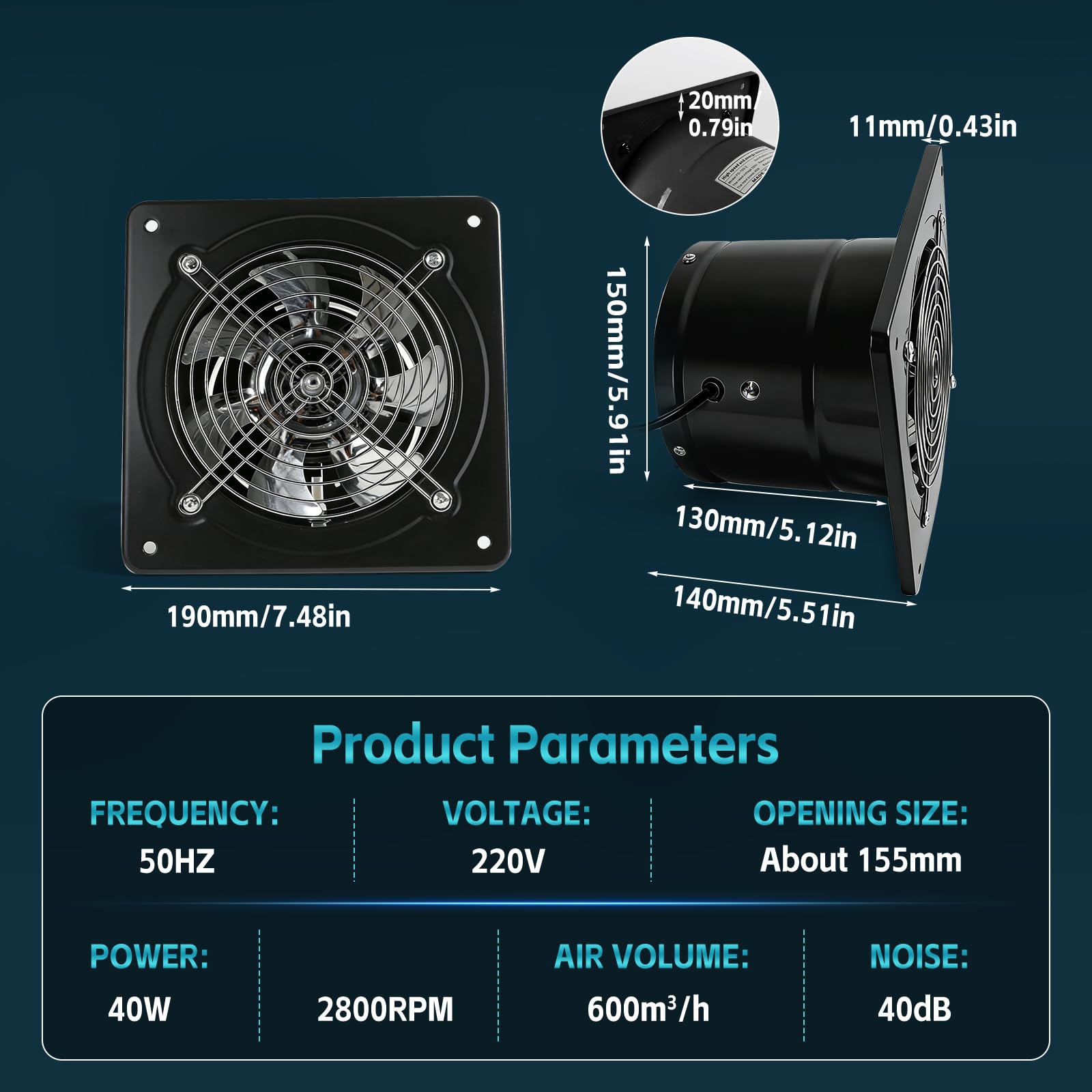 Ventilador extractor de 150 mm, 600 m³/h, silencioso, con interruptor, enchufe, válvula antirretorno, 40 W, ventilador de pared industrial, calidad de aire mejorada, para baño, cocina y garaje