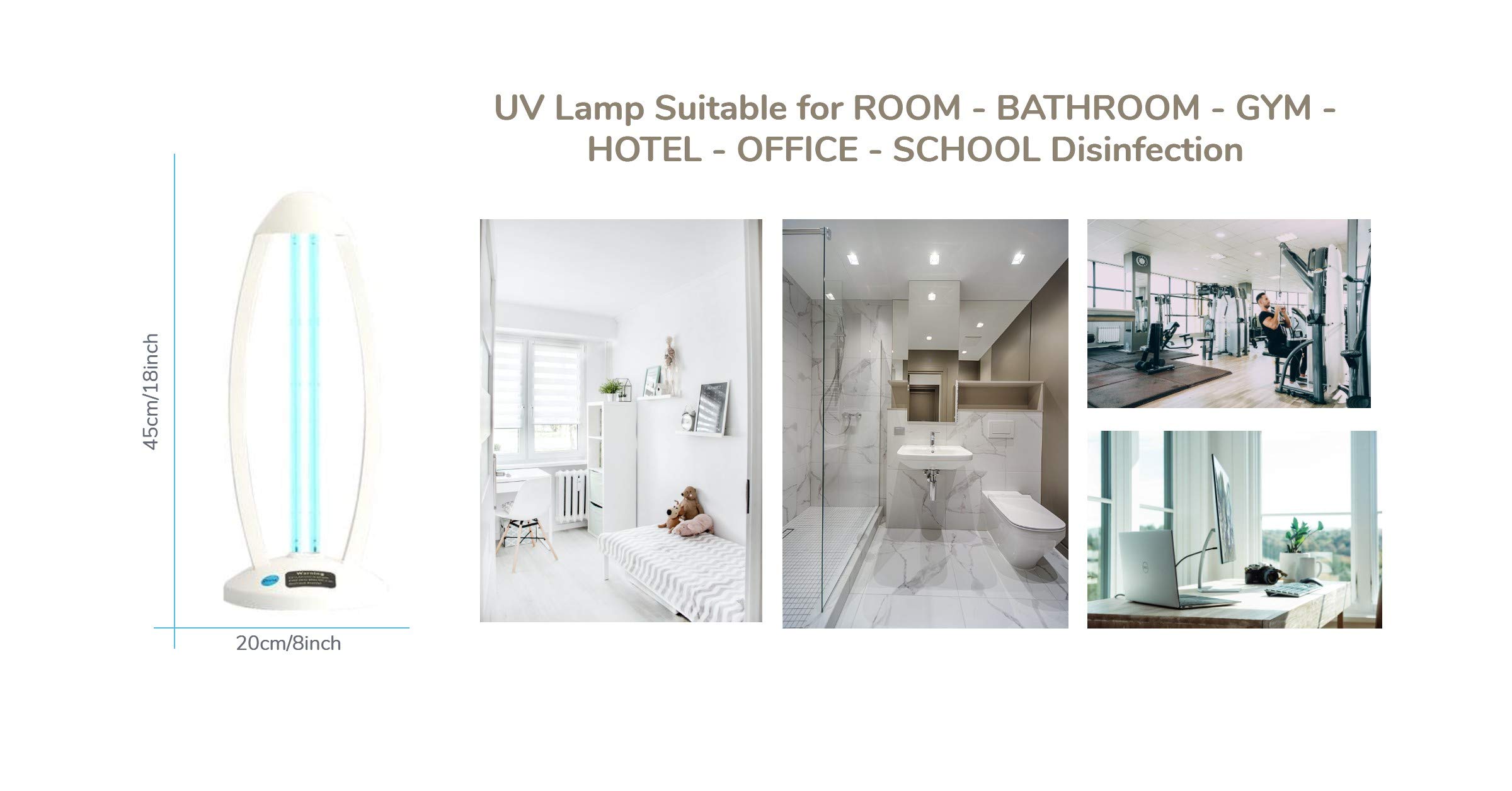 CARSO Lampada di sterilizzazione UV con ozono UV-C, 65 W, velocità di disinfezione batterica, 99%, lampada disinfettante per casa, stanza, ufficio, scuola, colore bianco