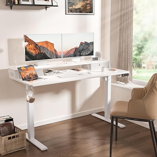 Miniatura 10 de Escritorio eléctrico de pie de 55 x 30 pulgadas con 2 cajones, escritorio de pie ampliado de altura ajustable con estante de almacenamiento,