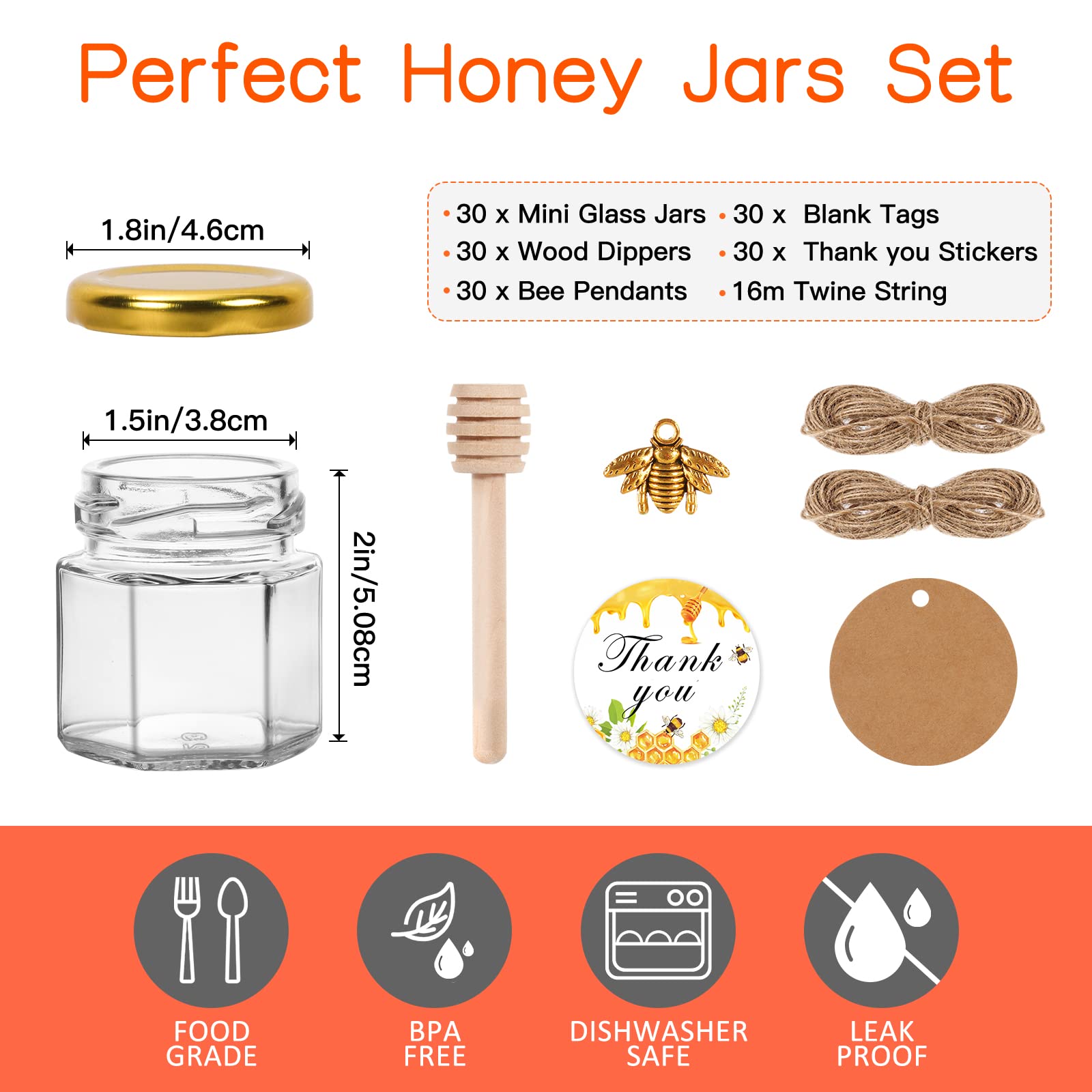 1.5 oz Hexagon Mini Glass Honey Jars, 30 Pack 45ml Clear Canning Jars Jam Jars with Gold Lids