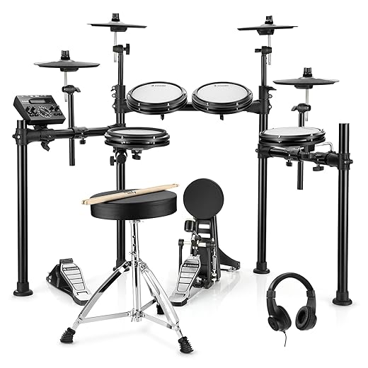 Donner DED-200X Electronic Drum Set, Electric Drum Kit with Quiet Mesh Drum Pads, 2 Cymbals w/Choke, 31 Kits and 450+ Sounds, Throne, Headphones, Sticks, USB MIDI, Melodics Lessons (5 Pads, 4 Cymbals)