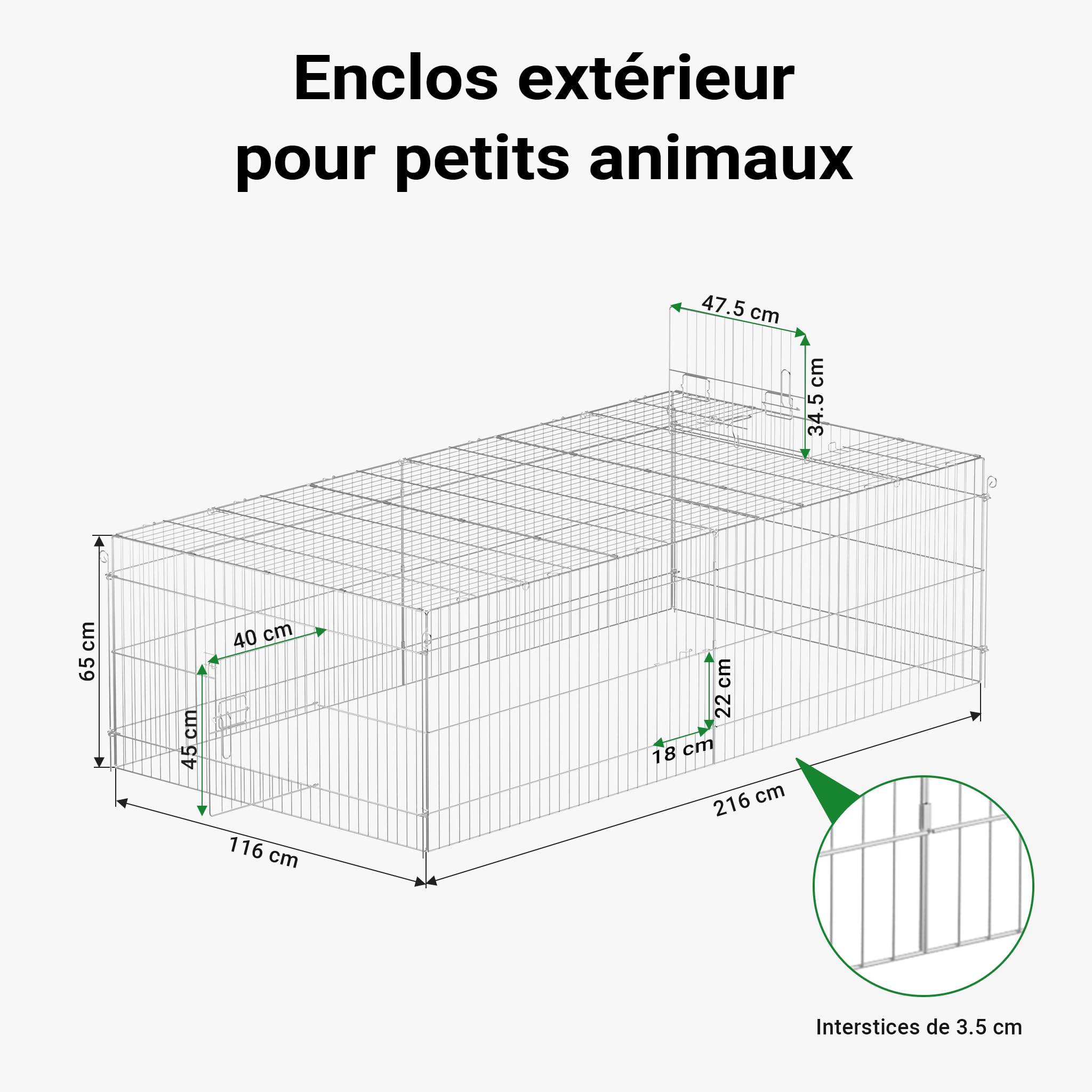 Wiltec Parc enclos pour Petits Animaux domestiques 2160 x 1160 x 650 mm Acier Clôture verrouillable Protection Solaire Cage Lapin Hamster Cochon d'Inde