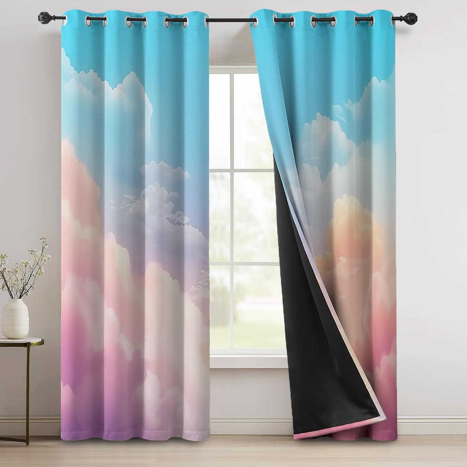 Décoration Nuages Oniriques Ciel, Rideaux Longs 140L X 260H cm (2 Panneaux), Tissu Occultant Thermique pour Baie Vitrée, Rose Bleu