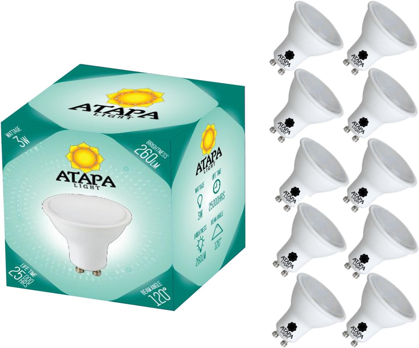 ATAPA 10 x GU10 Halogen Downlights/Spotlights Recessed Track LED Bulbs Lighting 3 Watt 260 Lumens 120° Beam Angle Very Bright Natural Warm white 3000 Kelvins light, for Shower Bathroom Kitchen Living Room Porch Home Garden Library Accessories [Energy Class A+]