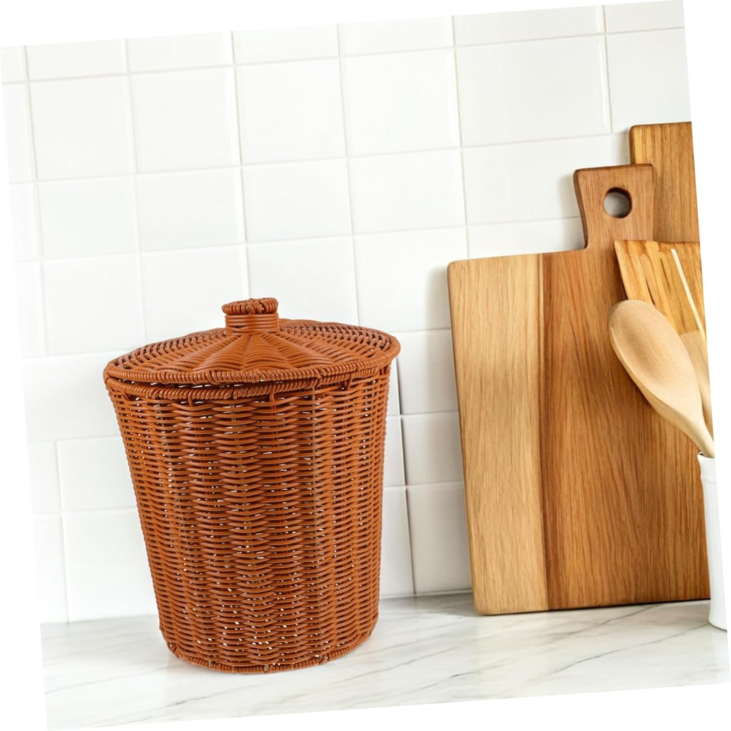 Wakauto Plastic Woven Storage Basket with Lid Multi Purpose Sundry Organizer for Home Bedroom Bathroom Nursery Lightweight Covered Bin for Laundry Trash and Storage