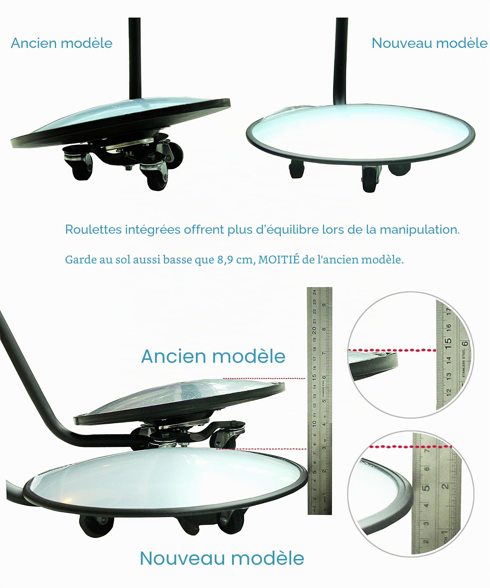 Miroir d'inspection sous véhicule – Miroir convexe de 30,5 cm avec roues et lumière LED pour contrôle de sécurité sous les voitures, camions et équipements.