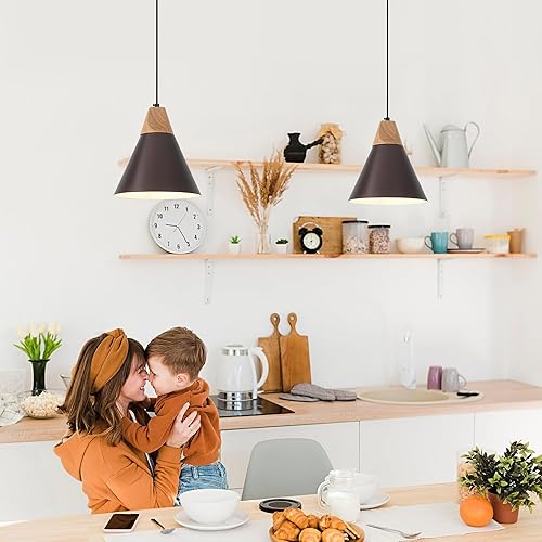 Miniatura 10 de SESIMENT Lámparas colgantes negras 1 paquete de 9.4 pulgadas, luces de isla de cocina de madera y metal para colgar en el techo, luces colgantes de
