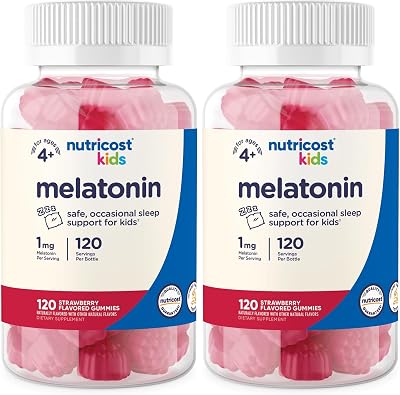 Nutricost Kids Melatonin Gummies 1mg, 120 Gummies, Strawberry Flavored (Pack of 2)