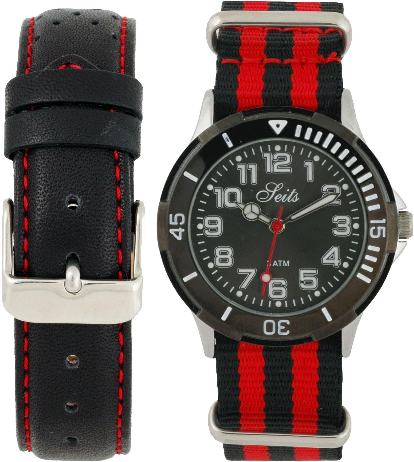 Seits Boys Watch with Black Dial Analogue Display Qurz with an extra watch strap Nato Strab Gift Set 582683R
