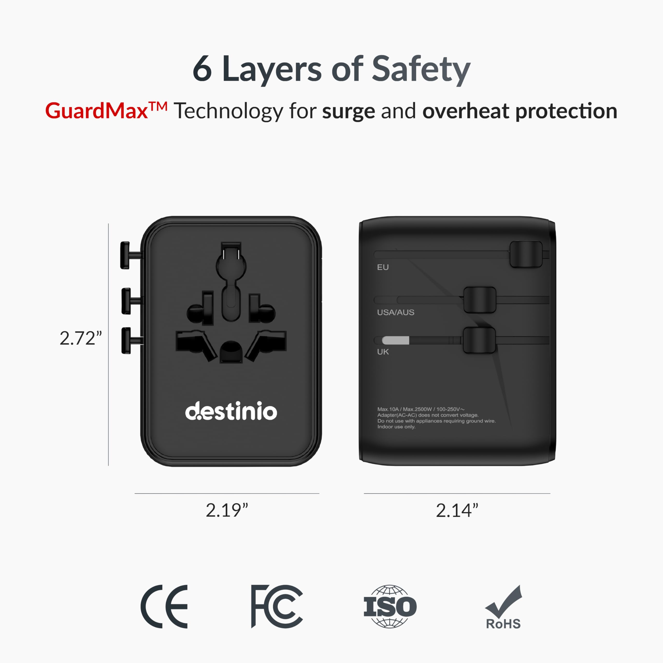 Destinio Universal Charger Adapter 70W - GaN Fast Charging Adapter for Laptop/MacBook with 3 Type C & 2 USB Ports, Compact Travel Adapter, All in One International Adapter for US, UK, Europe,Canada — Amazon image 7