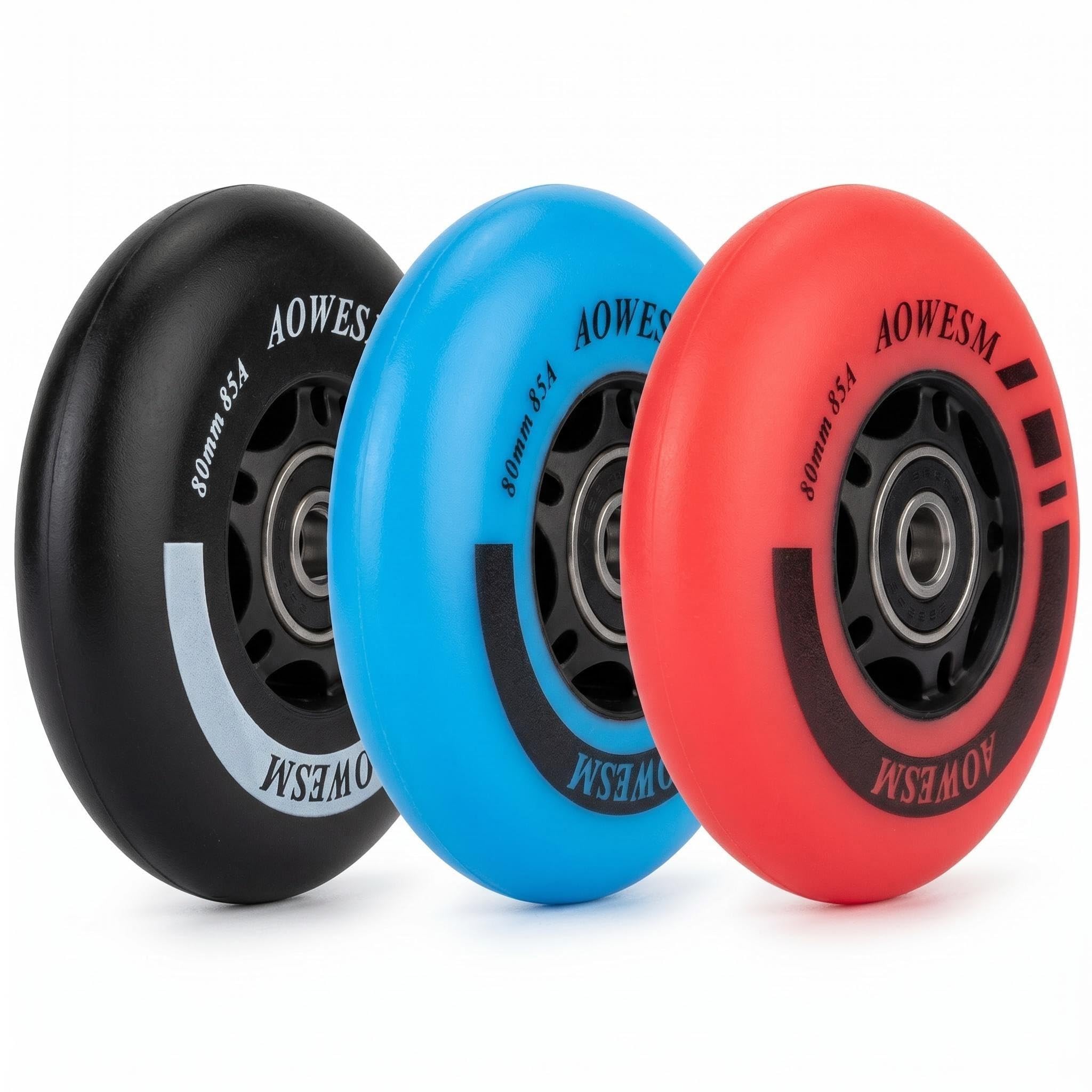 AOWESM Inline-Skate-Rollen, 72 mm, 76 mm, 80 mm, 85 A, Outdoor-Rollschuhe, Ersatzräder mit Lagern ABEC-9 und schwimmenden Abstandshaltern (4 Stück)