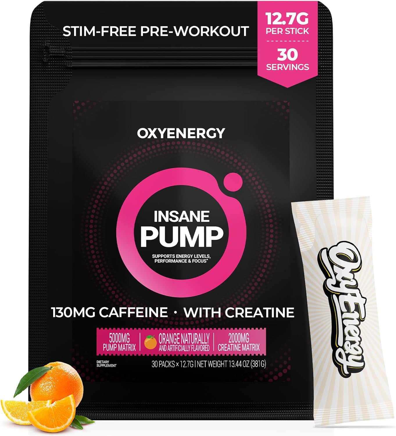 OxyEnergy Stim-Free Pre Workout Powder -Orange, 30 On-The-Go Packets, 130mg Low Caffeine with Beta Alanine, L-Citrulline, Creatine & Taurine |Pump, Energy & Focus, for Sensitive Users, Evening Workout