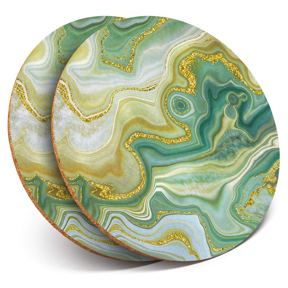Destination Vinyl Ltd Multicolor 2 X Round Coasters - Green Jade Agate Marble Effect - Cork Backed Home Kitchen Accessory Tea Coffee Mug Mat #21516