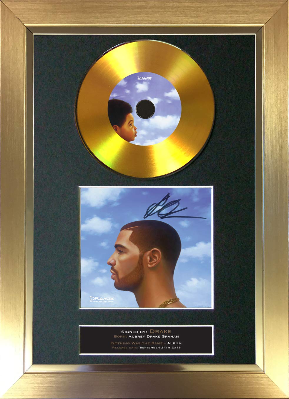 The Autograph Collector Gold,Black #161 Gold Disc Drake Nothing Was The Same Signed Autograph Mounted Cd Cover Record Reproduction Print A4 Rare Perfect Present Birthday Christmas (297 X 210Mm) (Gold Frame)
