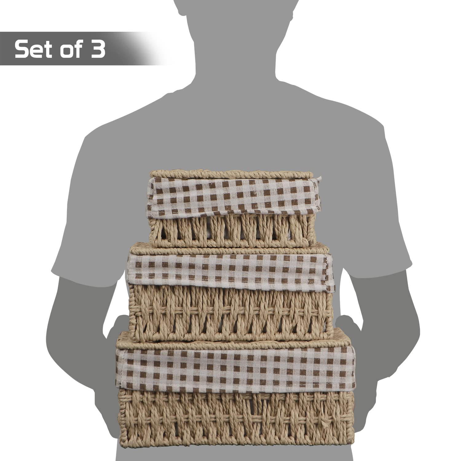 HOKIPO Canastas de mimbre de cuerda de papel ecológicas con tapa, paquete de 3, beige (AR-3905-BGE)