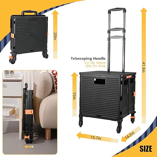 Miniatura 8 de SELORSS Foldable Utility Cart Portable Rolling Crate Handcart Shopping Trolley Collapsible Tool Box with Rotate Wheels Durable Duty Plastic Negro