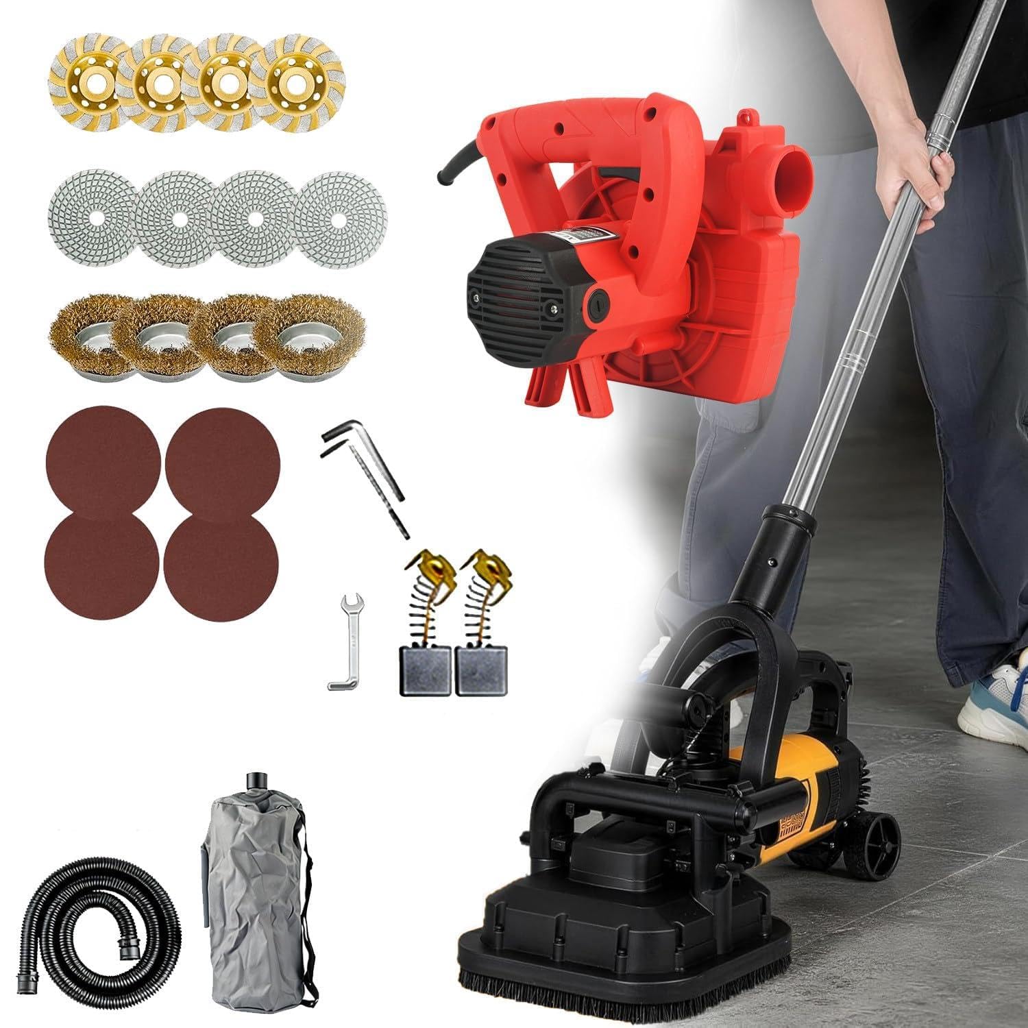 CelyToe 4-Head Epoxy Concrete Grinder, Wet Dry Floor Polisher with 4-Section Extension Rods, 3800W 6-Gear Speed, Removable Dust Cover for Home & Industrial Renovation 110V-W/vacuumcleaner