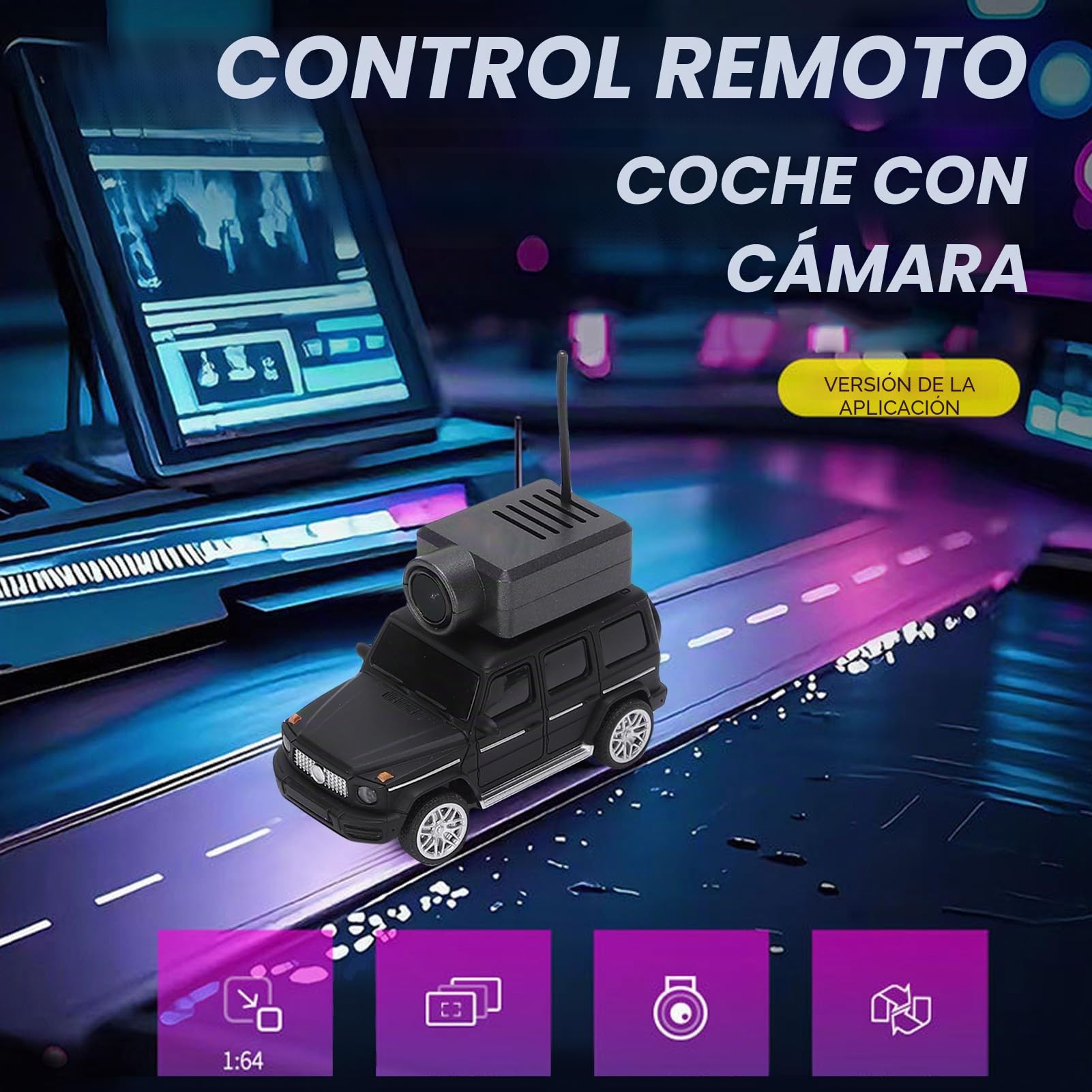 Bewinner Mini Coche RC con Cámara HD FPV, Coche de Carreras de Deriva a Escala 1:64 con Luces Ambientales, 3 Modos de Velocidad, Transferencia de Vídeo en Tiempo Real, Control Remoto de