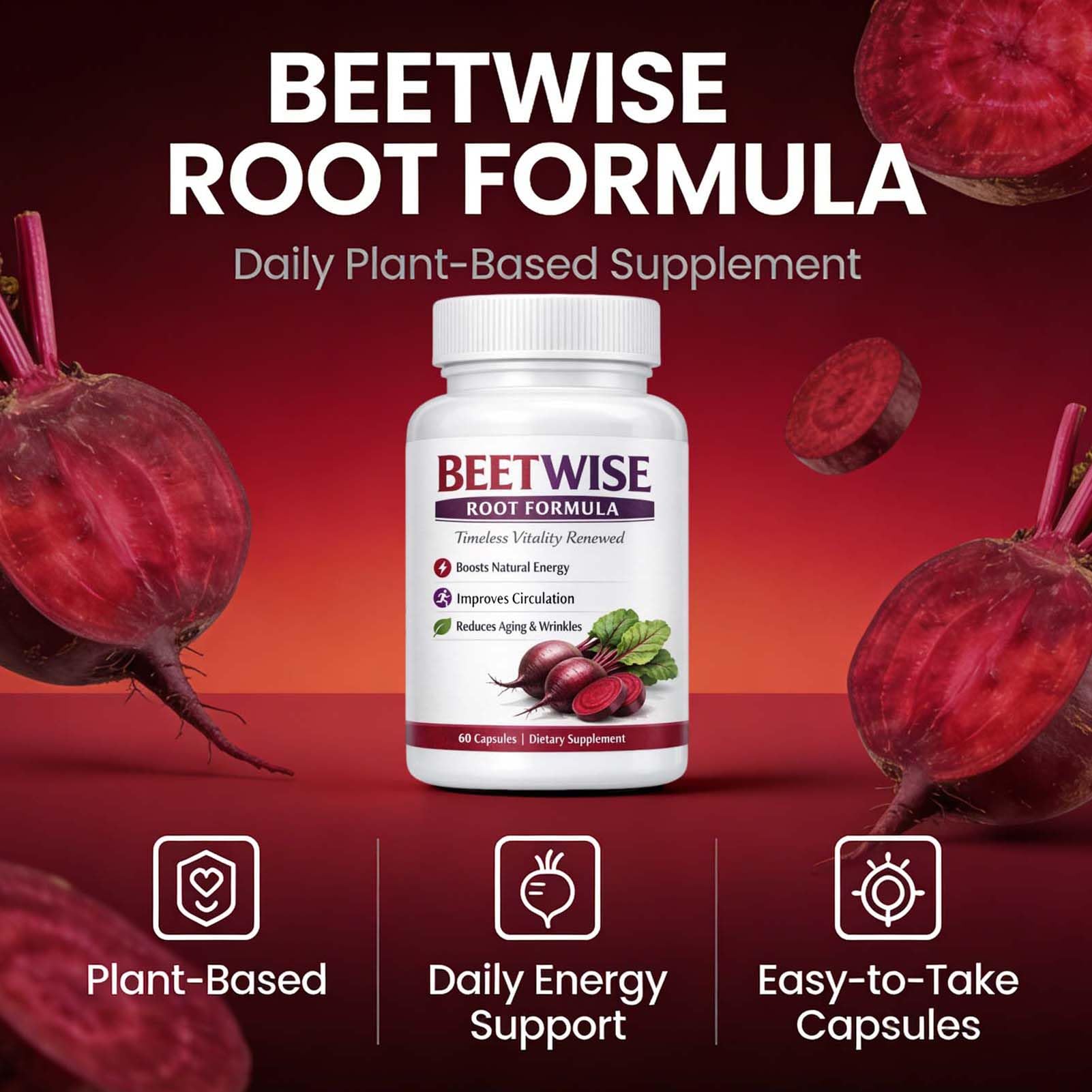 Beetwise Root Formula | Cold Pressed - Beetroot Supplement Organic – Natural Blood Circulation & Energy Support, Vegan-Friendly, Non-GMO, 60 Capsules (1) — Amazon image 4