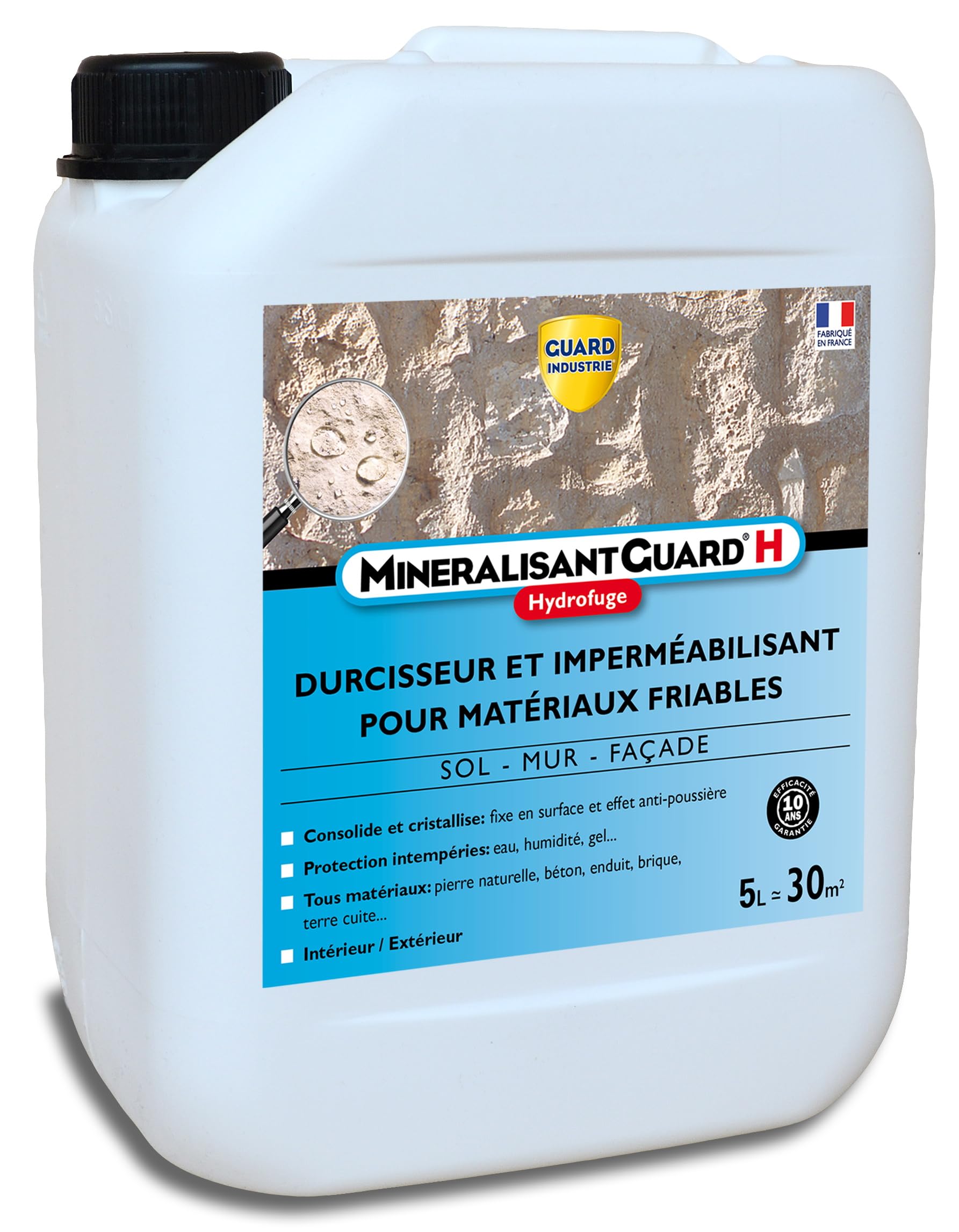 GUARD INDUSTRIE - Durcisseur Invisible Minéralisant Guard H - Imperméabilisant Hydrofuge Effet Perlant Haute Performance, Anti Poussière, Stop Effritement - Fabrication Française - 5 L - Traite 30m2
