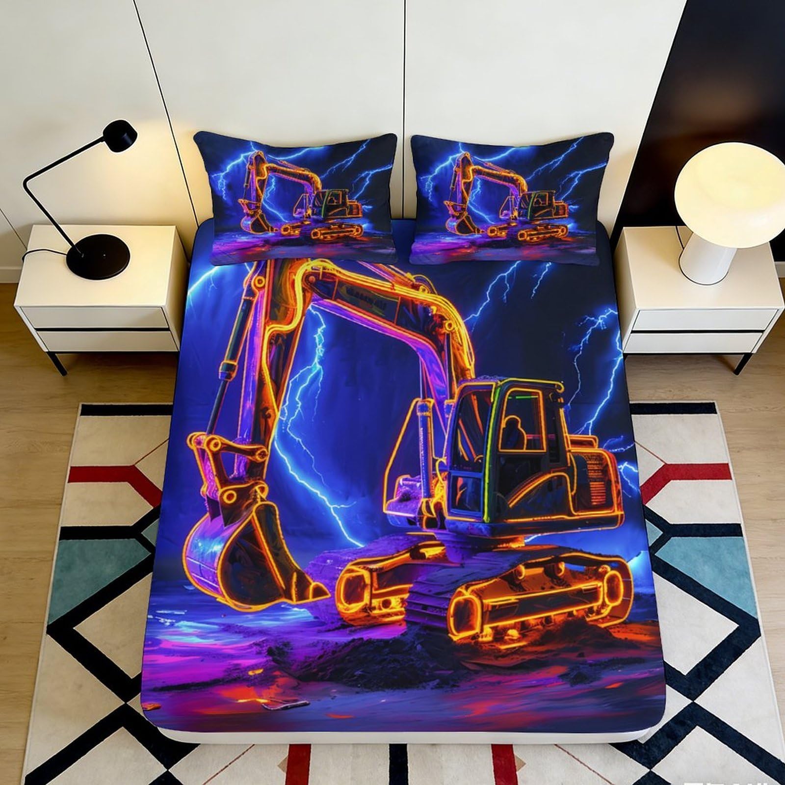 3D Printed Neon Excavator Fitted Sheet Microfiber Anti-Slip Lightning Construction Bed Cover for Bedroom Dorm Decor 180x200x25cm