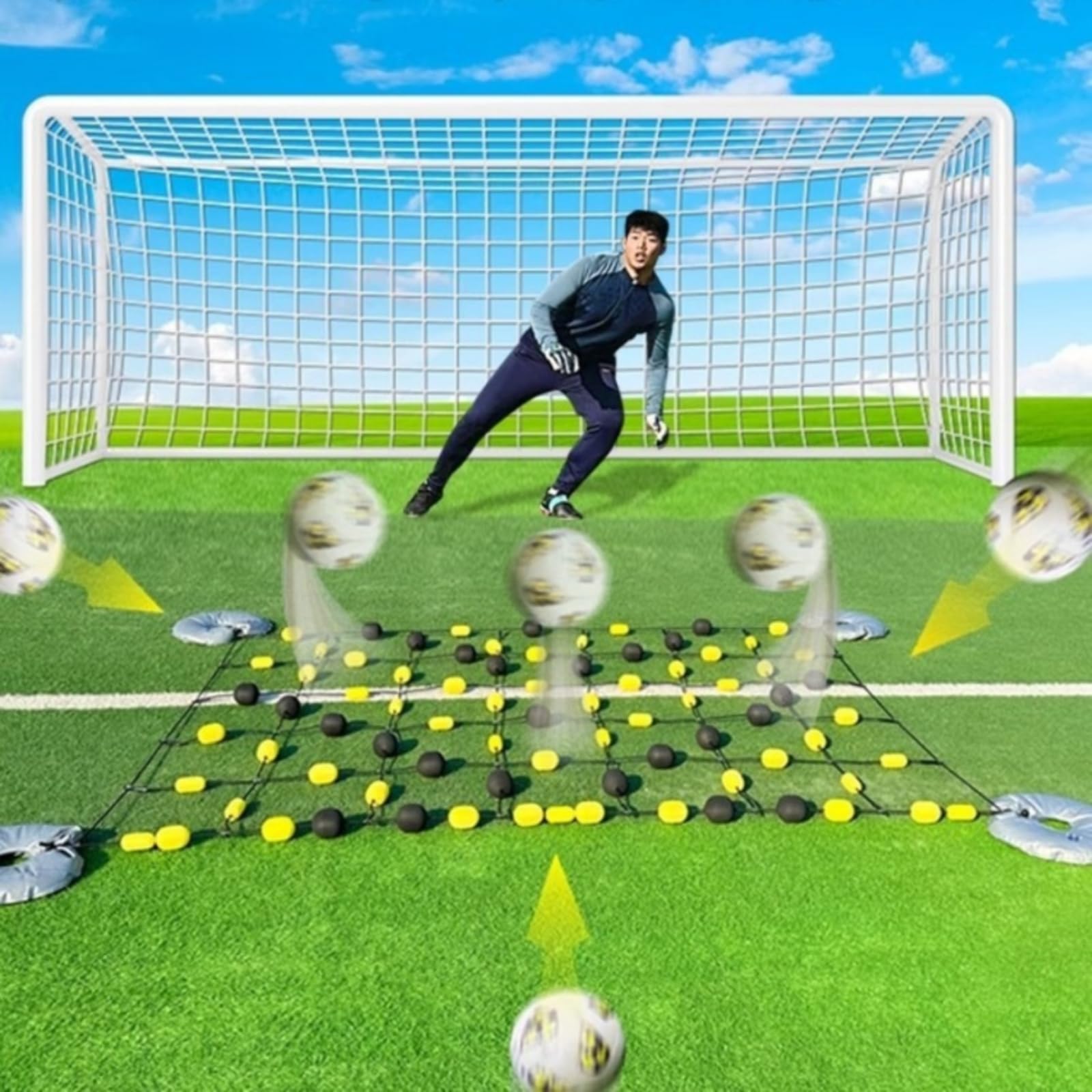 Goalie Training Rebounder Rete Calcio Telaio Allenamento Portiere Struttura Autoportante Rete Tensionata Mobilità con Ruote Materiale Acciaio Eva