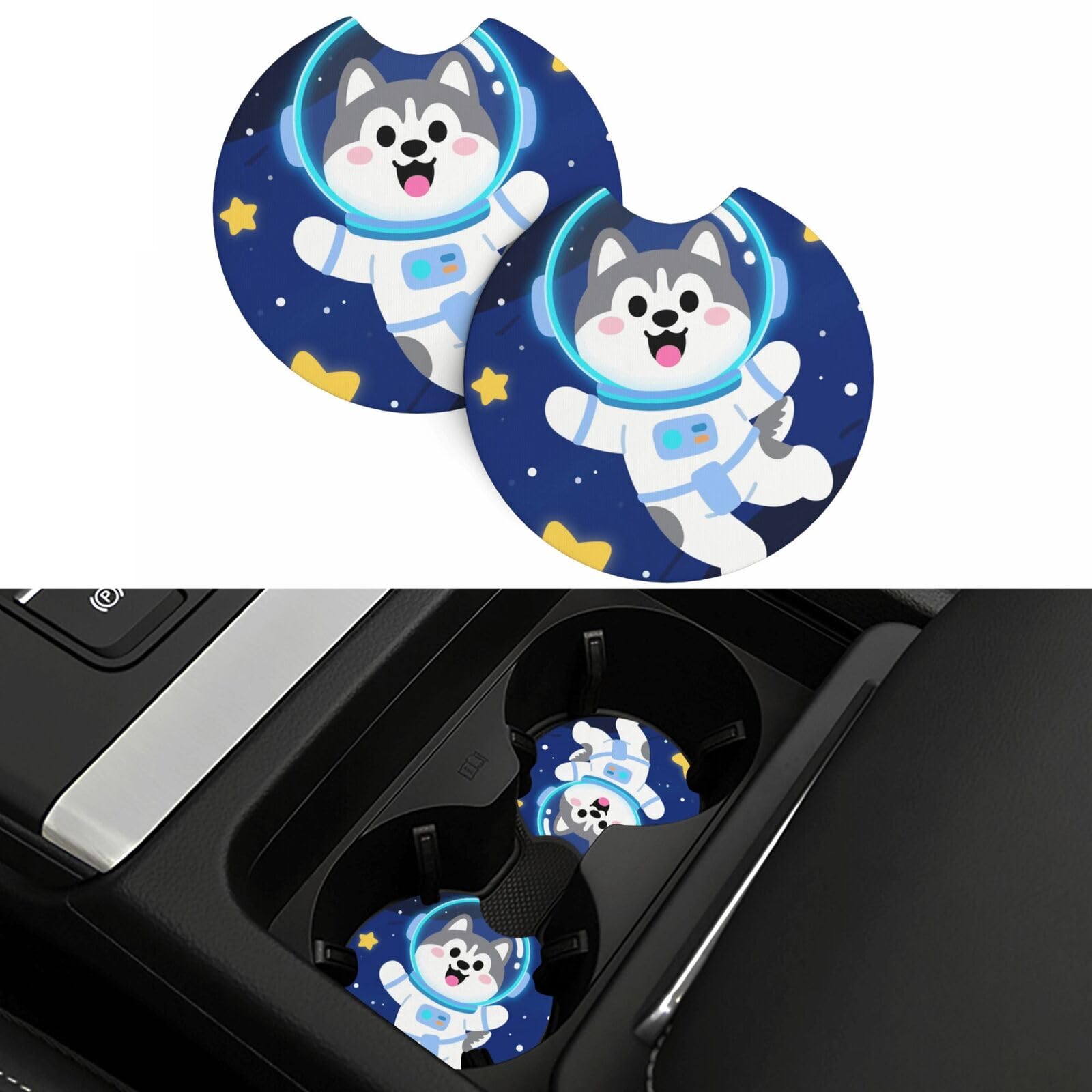 2 Pack Car Coasters,2.7" Universal Car Cup Holder Coasters Non-Slip Neoprene Cup Pad Mat Coaster Car Interior Accessories for Women Men Cute Husky Astronauts On Space