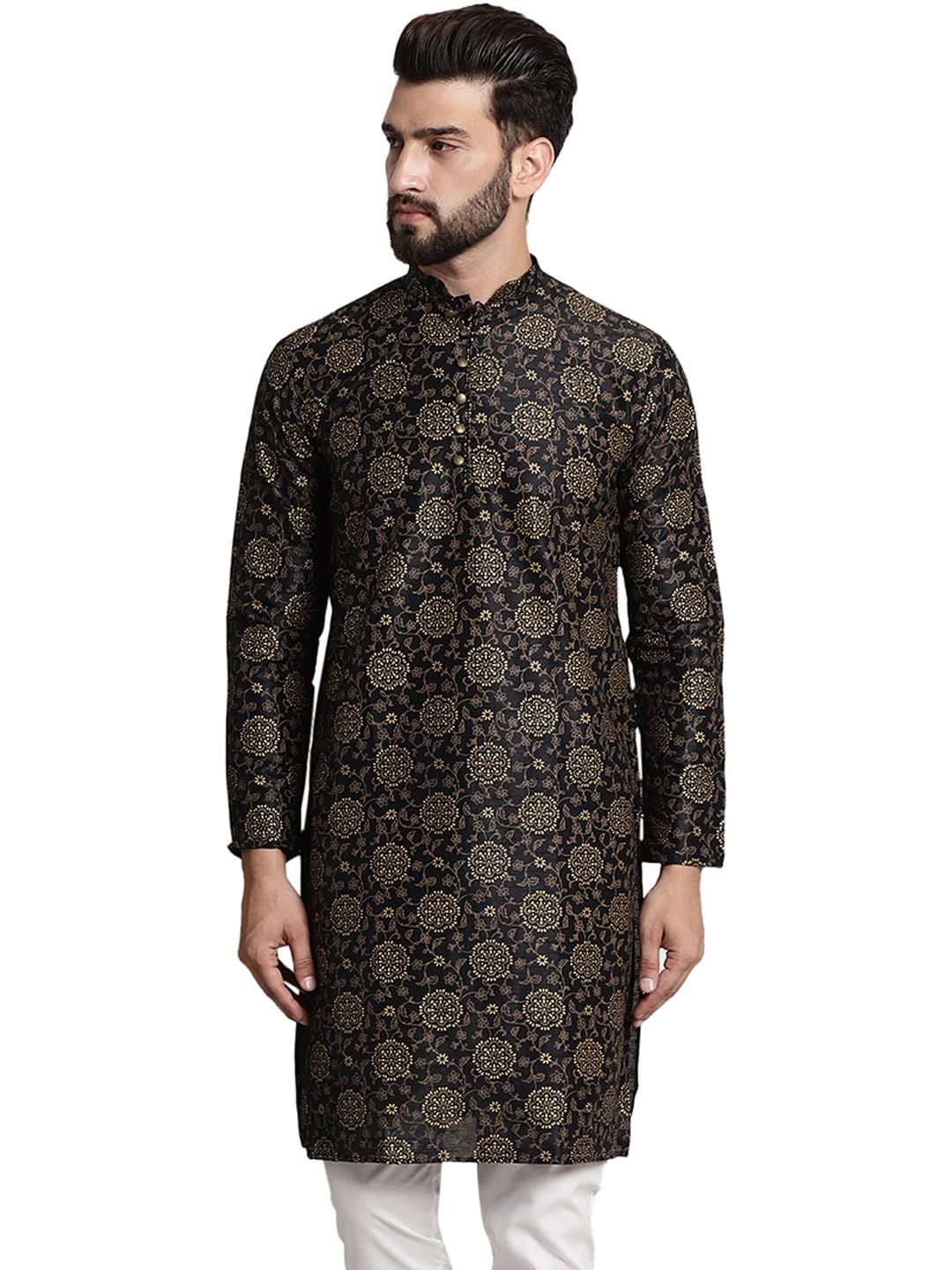 Sojanya (Since 1958 Men's Silk Blend Black Color Print Design Only Long Kurta