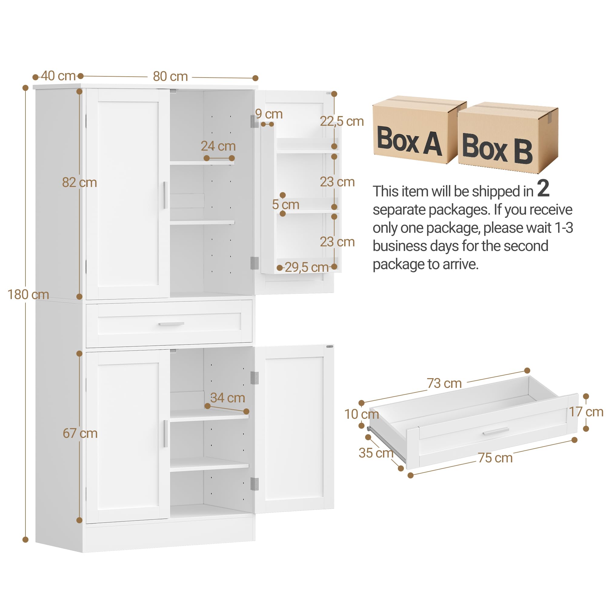 Hzuaneri Credenza Cucina, Mobile Alto da Cucina, 4 Ante, 1 Ampio Cassetto Grande, Scaffale Portaoggetti Dietro la Porta, 40 x 80 x 180 cm, Moderno, Cucinas, Soggiorno, Bianco PT21003X