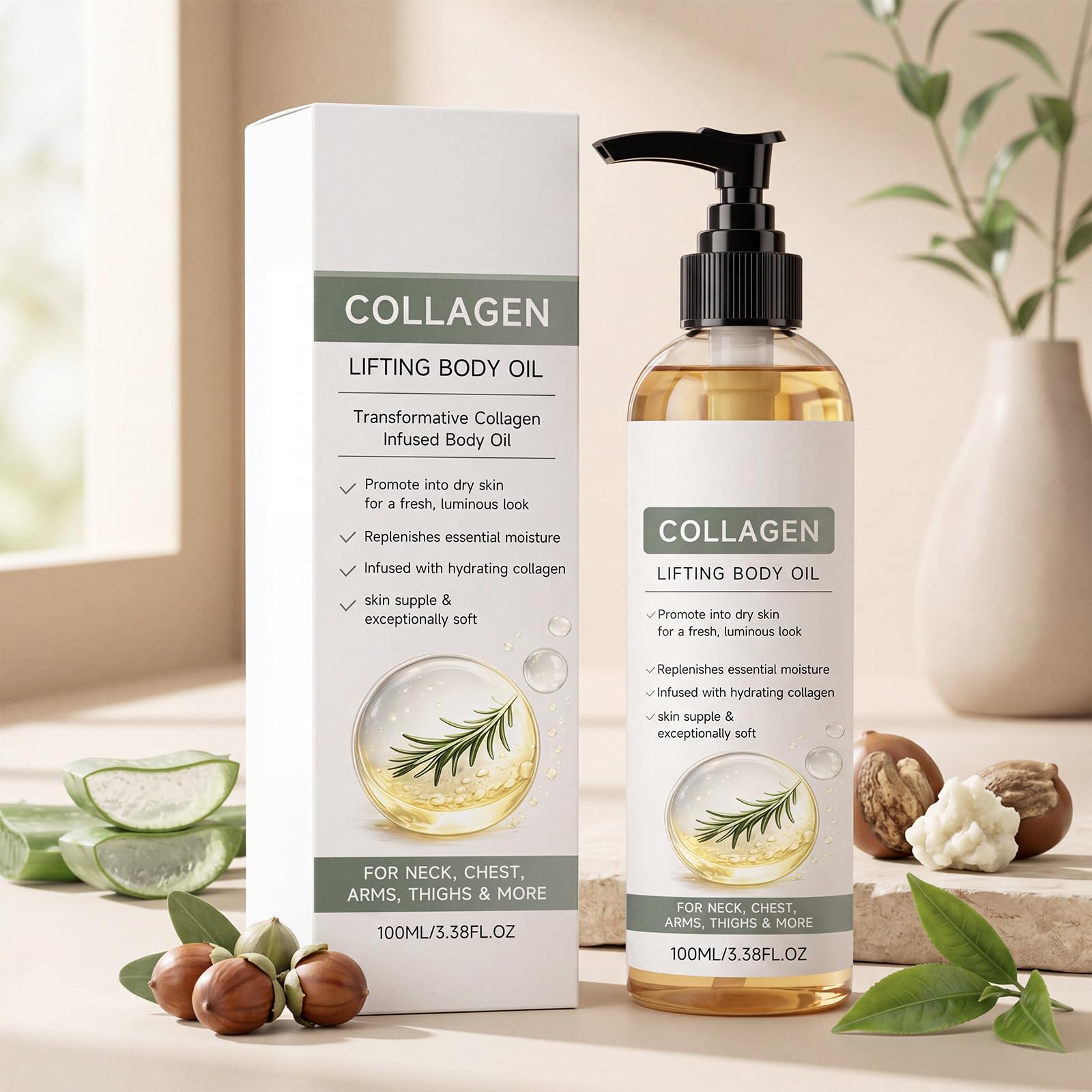 Olio per il corpo sollevante al collagene dopo la doccia, leggero e non grasso, per tutti i tipi di pelle, trattamento idratante anti-invecchiamento per donne e uomini, per una pelle più liscia e dura