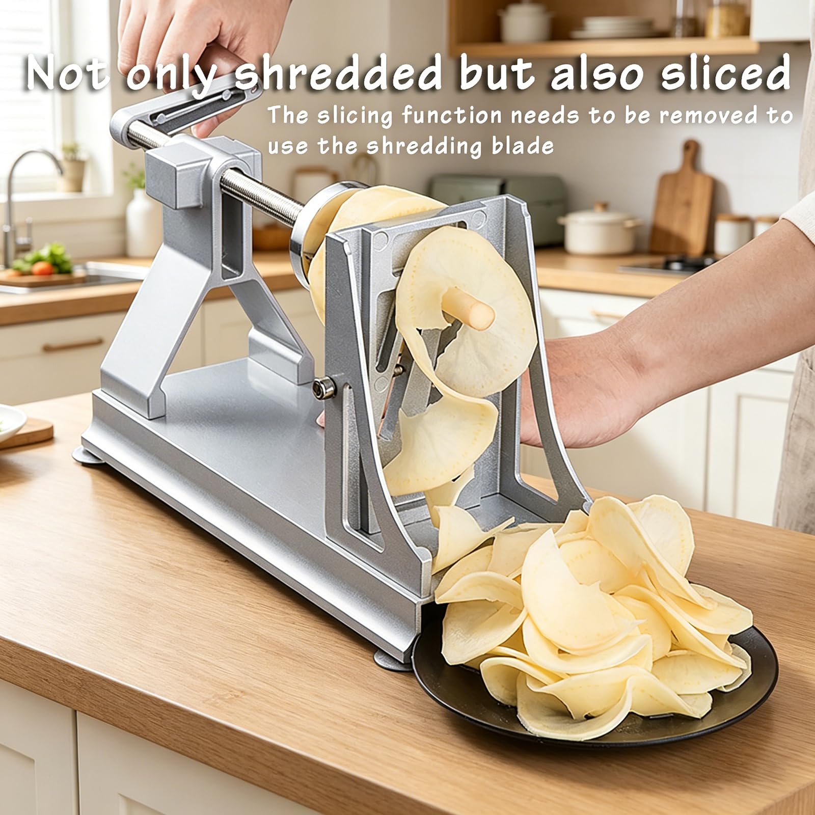 Affettatrice per patate con 3 lame, fissaggio antiscivolo, manico comodo per sminuzzare e affettare facilmente, ideale per l'uso in cucina familiare