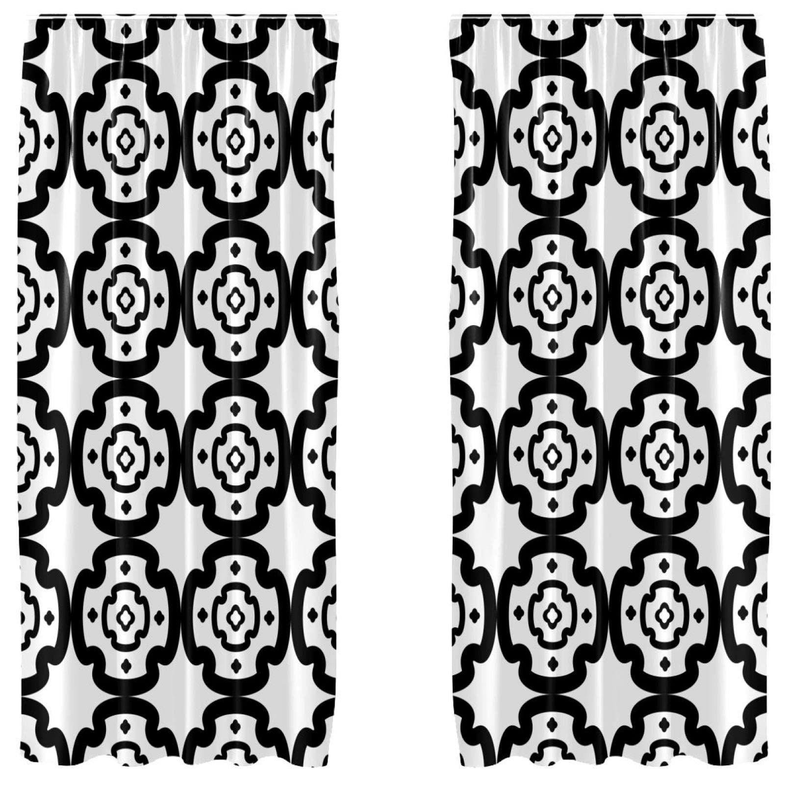 Cortinas de panel ligeras con patrón geométrico blanco y negro y bolsillo para barra integrado