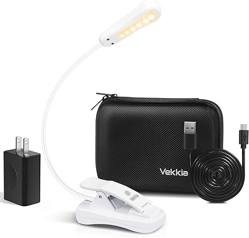 Vekkia Juego de luces de libro con cargador, luz de lectura con clip en la cama con 3 brillo, hasta 70 horas, recargable, LED cálido para el cuidado