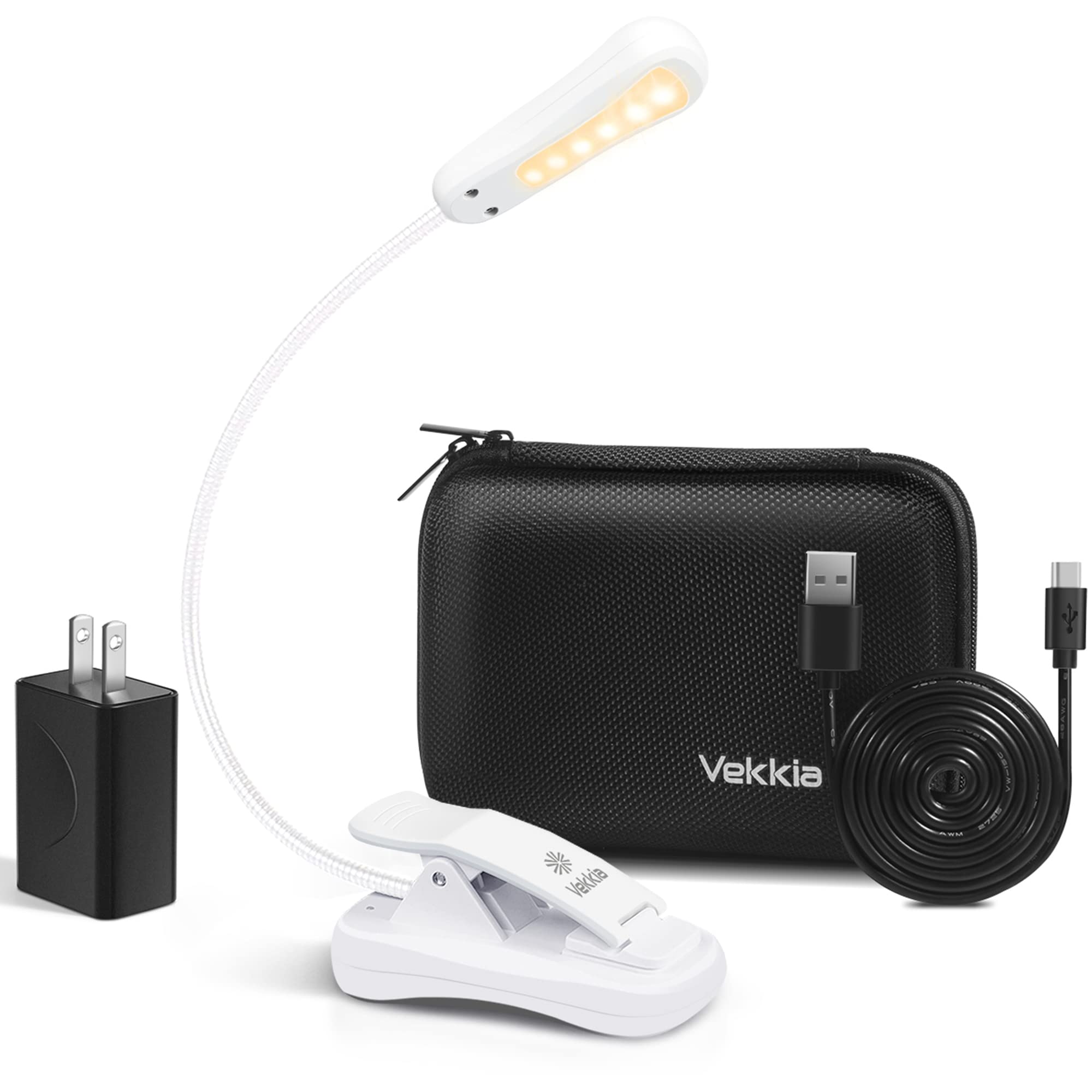 Vekkia Book Light Set components including the book light, USB cable, and user manual.