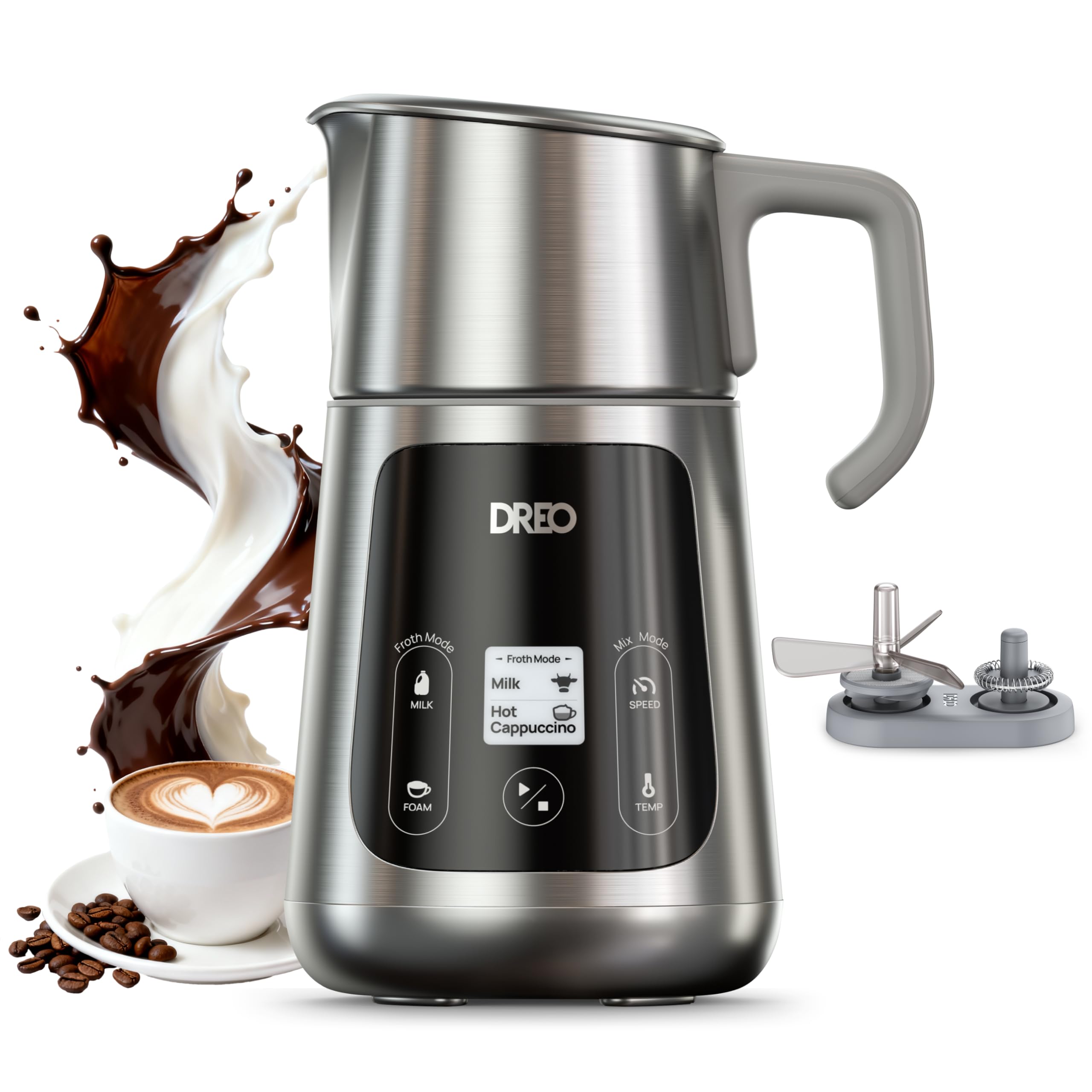 Dreo Milchaufschäumer Elektrisch [Verbessert], All-in-1 450ml Elektrischer Milchschäumer für Latte, Cappuccino, Heiße Schokolade, über 30 Getränke, Leicht zu Reinigen, Spülmaschinenfest, LED-Anzeige