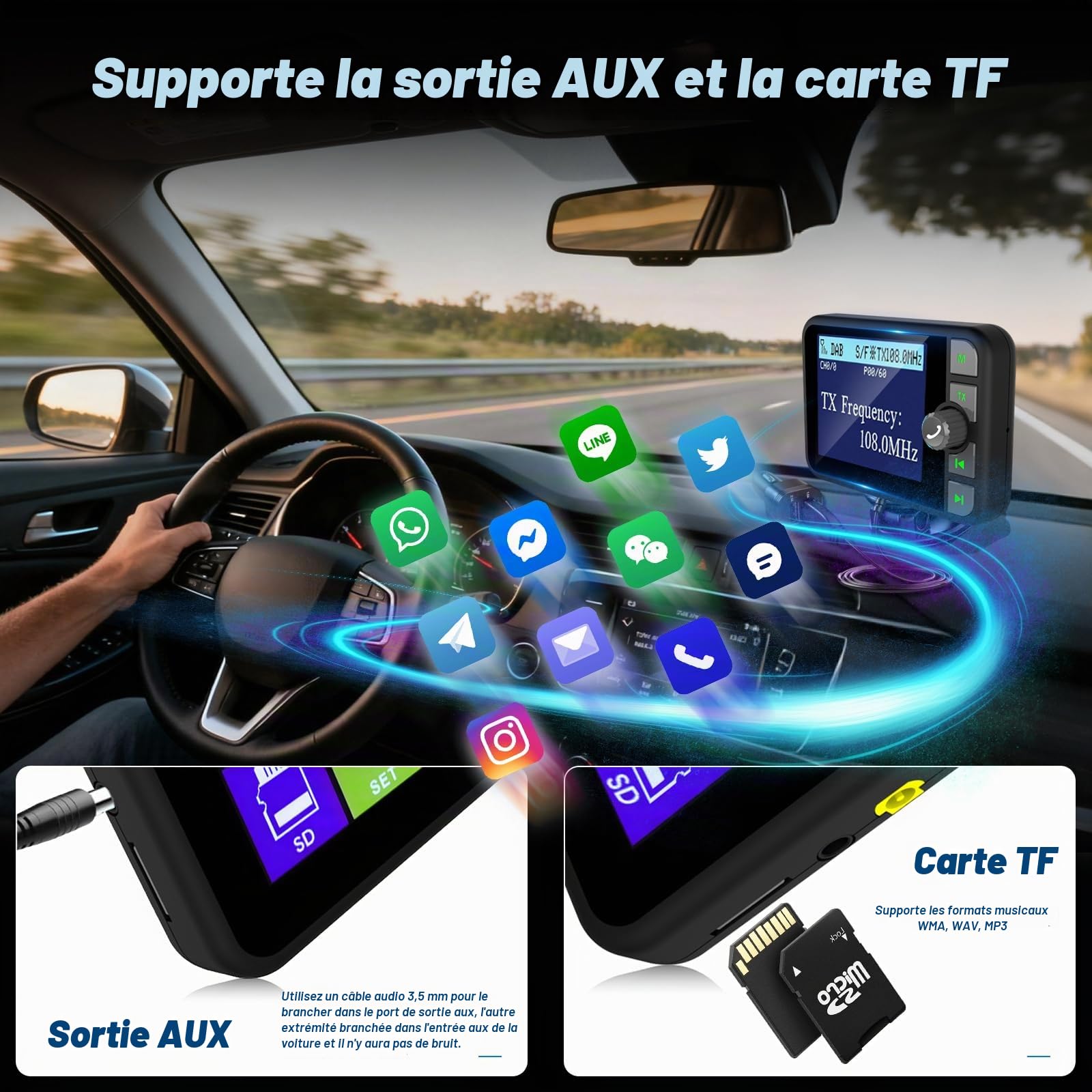 Adaptateur Dab/Dab+ pour Voiture - Affichage LCD 2,4 Pouces avec Émetteur FM et Bluetooth - Entrée AUX et Lecteur MP3 par Carte TF - Fonction Balayage Automatique et Service Following
