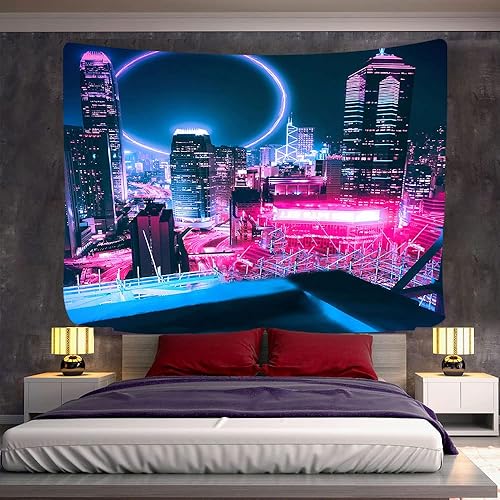 Miniatura 6 de Aidatain Tapiz de neón de ciudad, rascacielos futuristas, japonés 3D Tokio, para colgar en la pared, decoración estética de franela de 60 x 51
