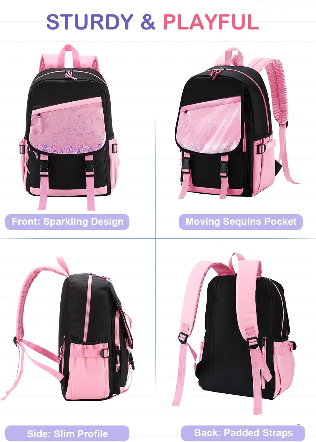 VASCHY Backpack for Girls, Cute Elementary School Bag Bookbag for Primary Schooler Kids with Sparkling Sequin Clear Pocket Black Pink